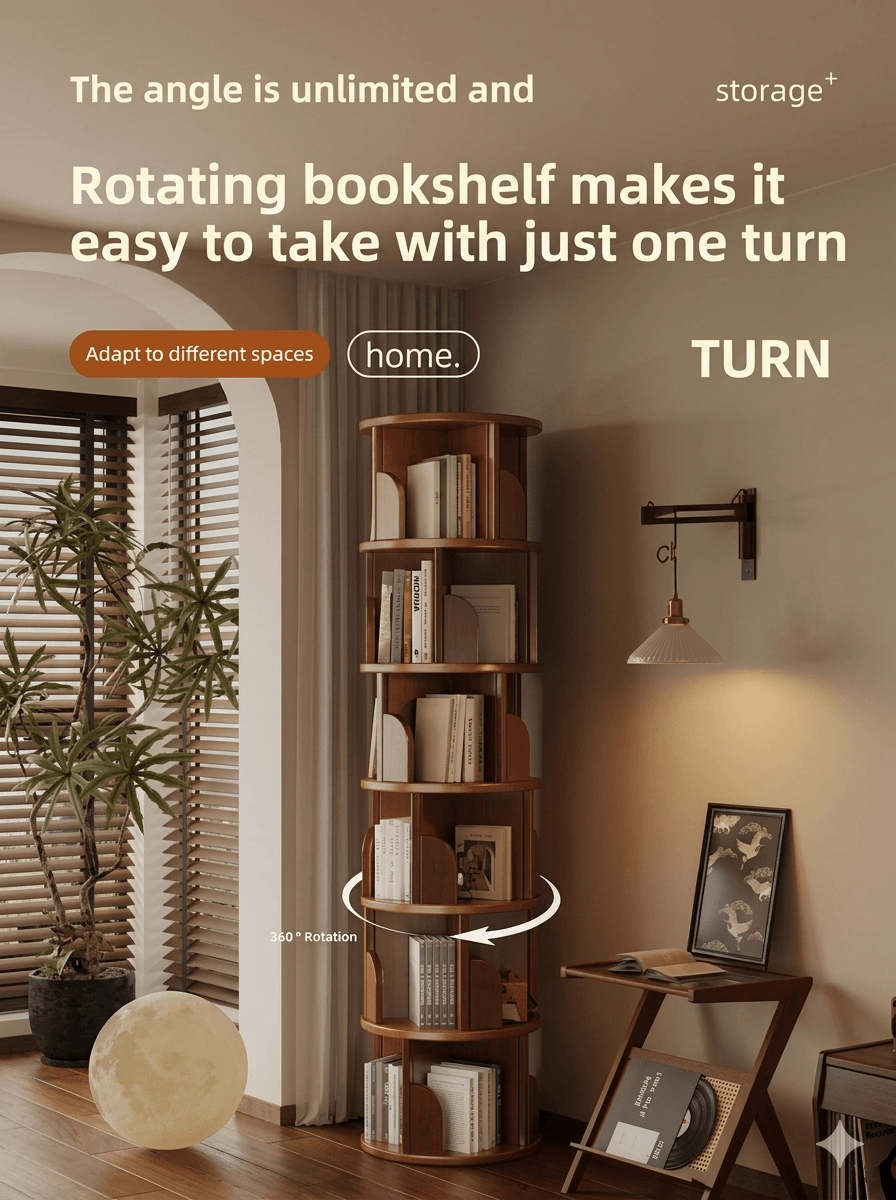 360° Rotating Bookshelf: Compact Space-Saving Storage Tower, Mobile Spinning Bookcase for Small Apartments