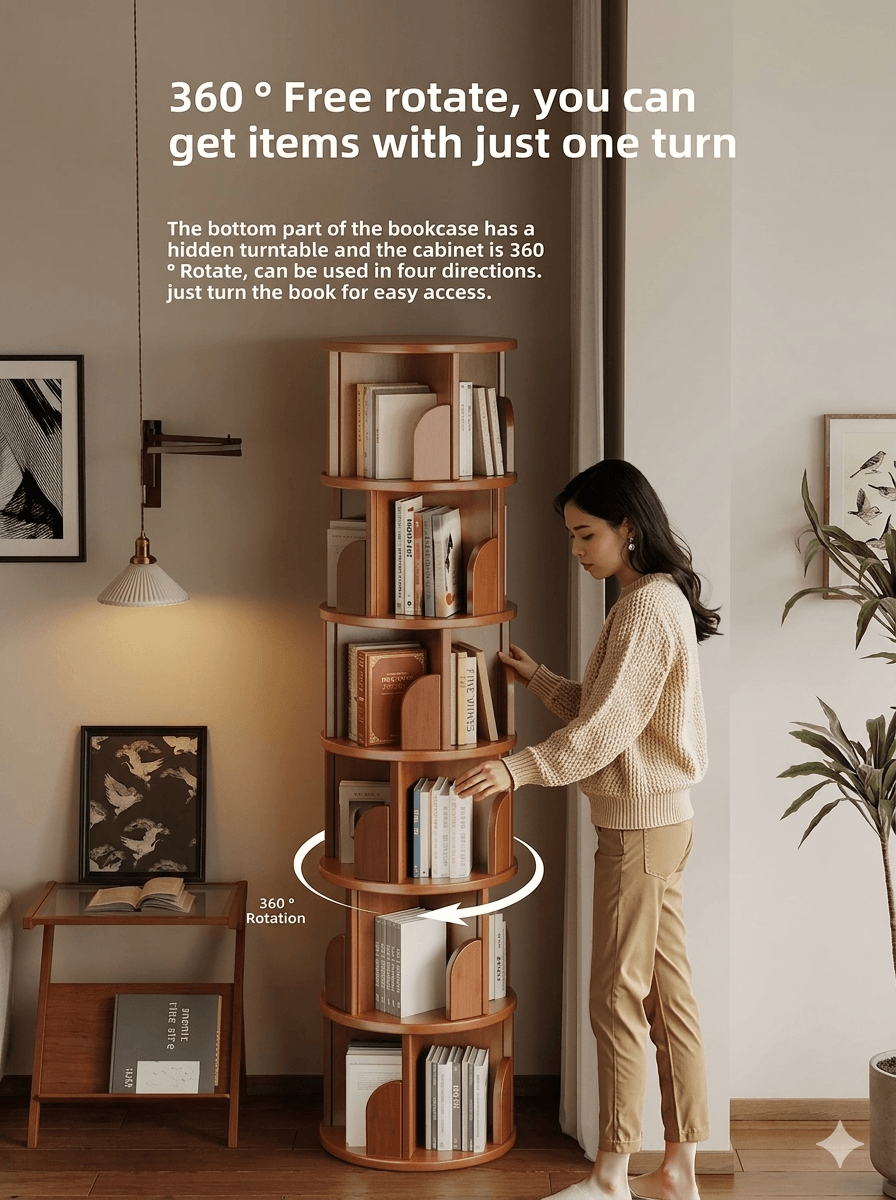 360° Rotating Bookshelf: Compact Space-Saving Storage Tower, Mobile Spinning Bookcase for Small Apartments