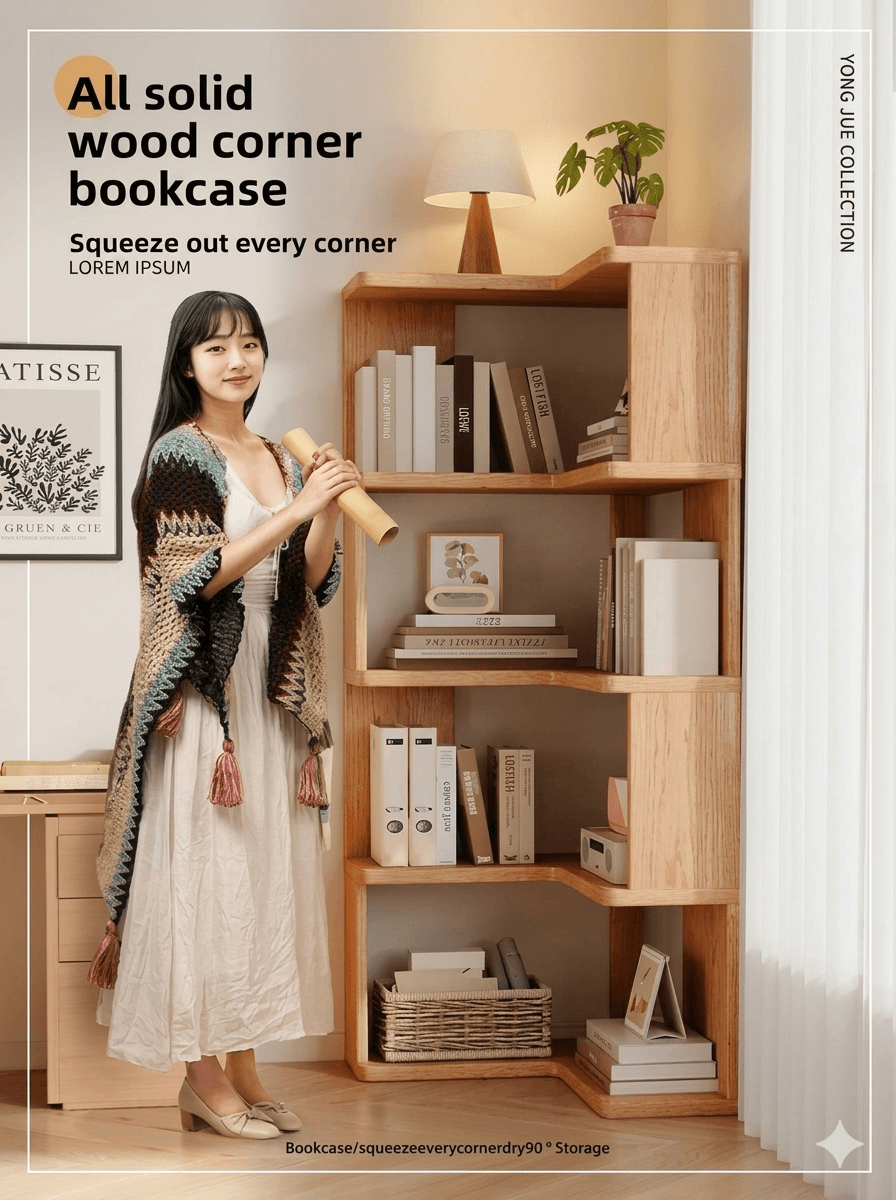 Solid Wood Corner Bookshelf - Multi-Tier Floor Standing Storage Cabinet & Display Rack, Space-Saving Corner Organizer for Home & Office