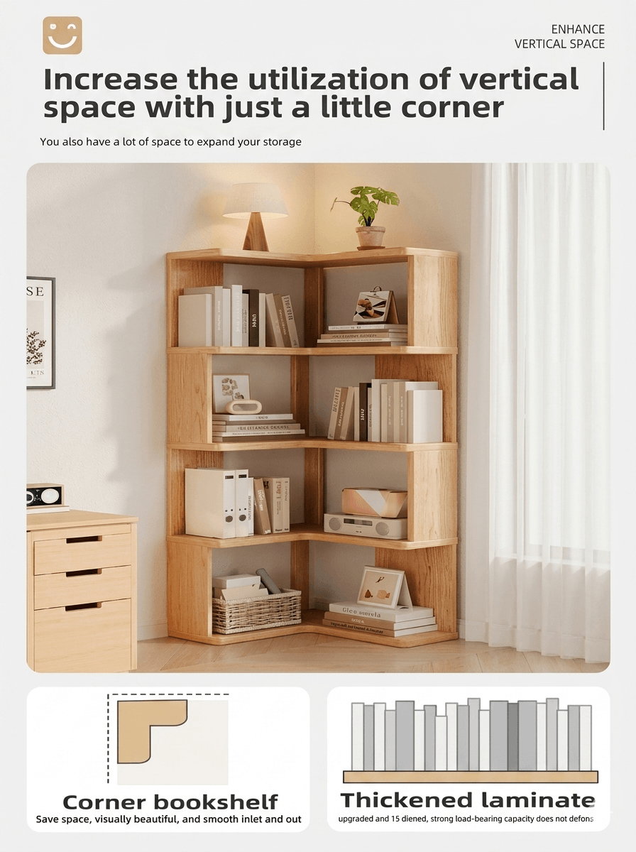 Solid Wood Corner Bookshelf - Multi-Tier Floor Standing Storage Cabinet & Display Rack, Space-Saving Corner Organizer for Home & Office