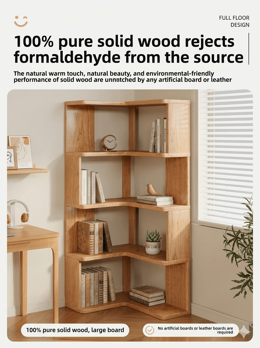 Solid Wood Corner Bookshelf - Multi-Tier Floor Standing Storage Cabinet & Display Rack, Space-Saving Corner Organizer for Home & Office