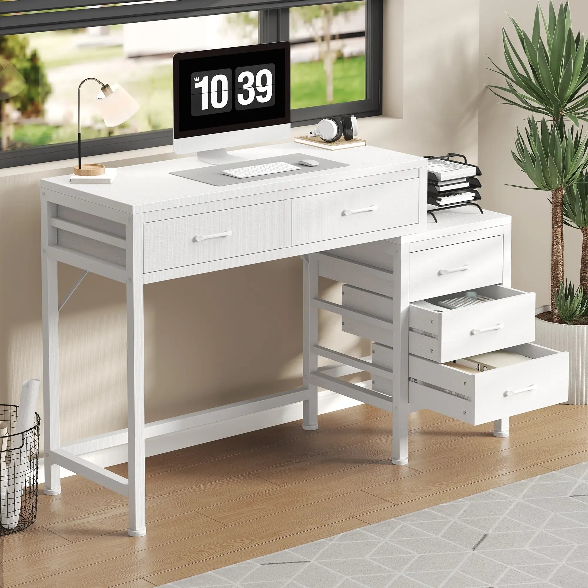 Office Desk with 5 Drawers & Integrated Printer Stand, Large Computer Writing Desk with Fabric Storage Bins & Storage Shelves for Home Office & Study
