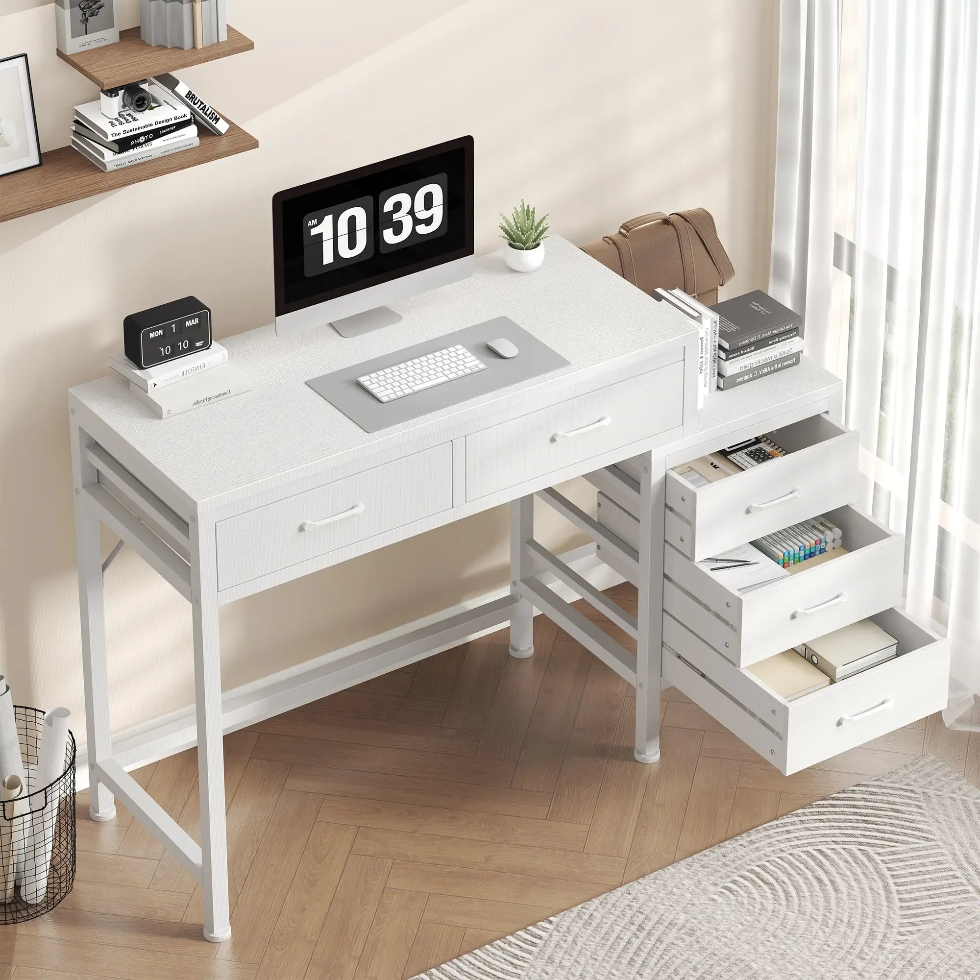 Office Desk with 5 Drawers & Integrated Printer Stand, Large Computer Writing Desk with Fabric Storage Bins & Storage Shelves for Home Office & Study