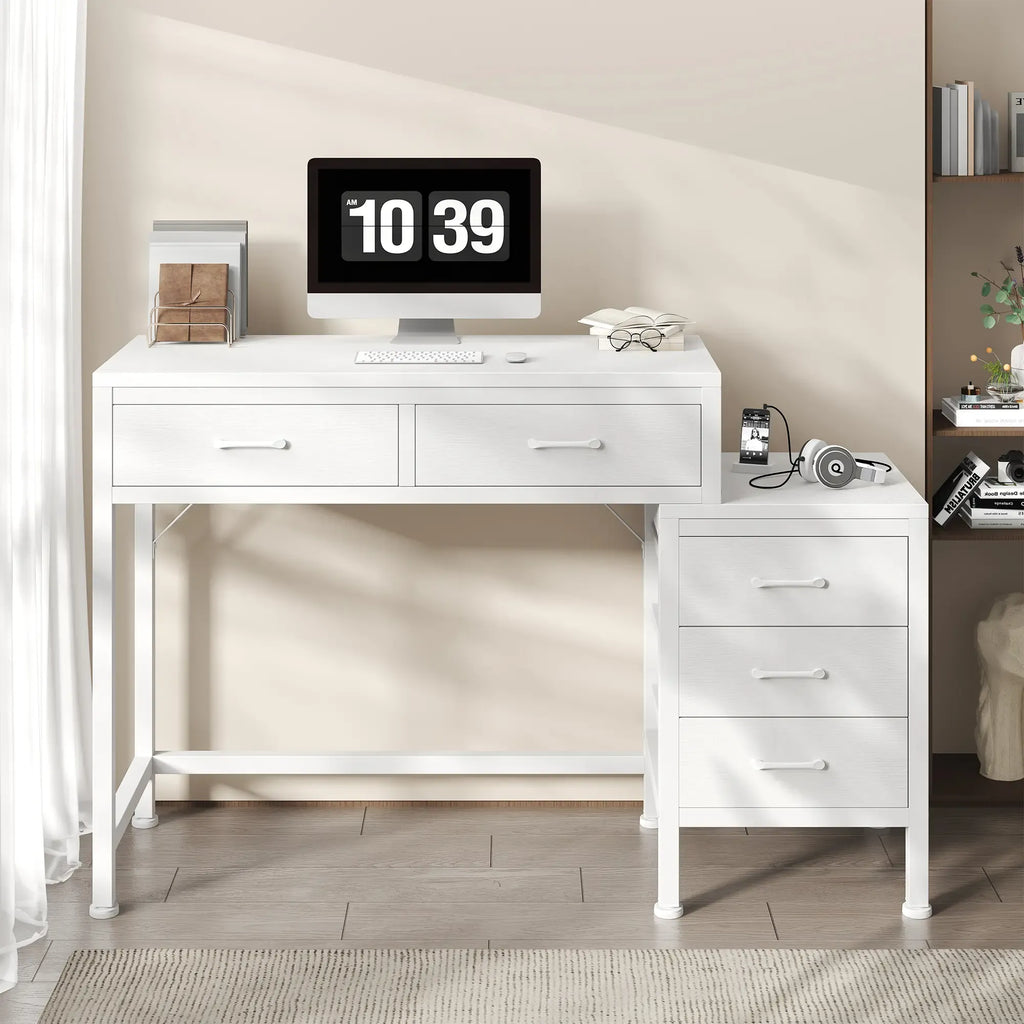 Office Desk with 5 Drawers & Integrated Printer Stand, Large Computer Writing Desk with Fabric Storage Bins & Storage Shelves for Home Office & Study