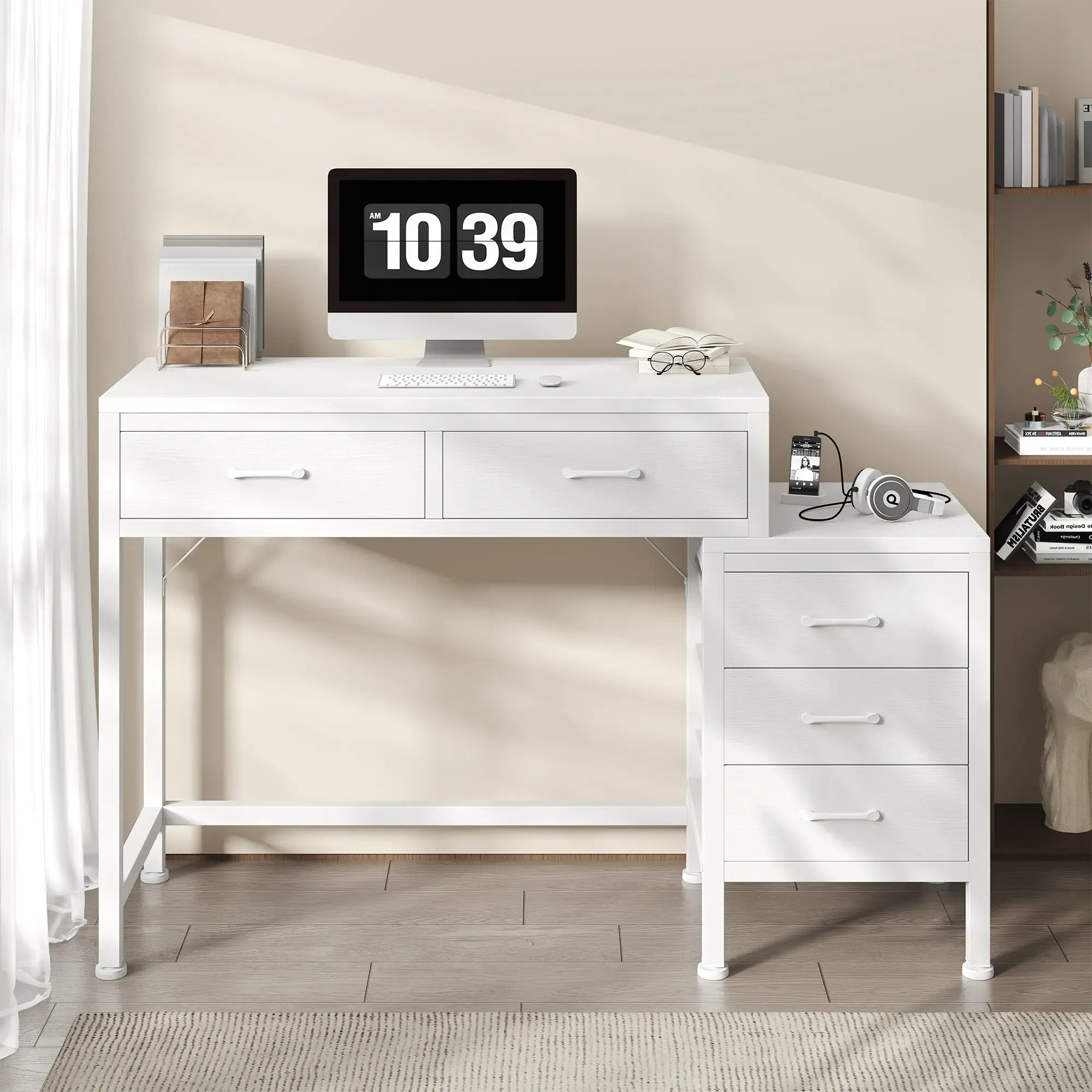 Office Desk with 5 Drawers & Integrated Printer Stand, Large Computer Writing Desk with Fabric Storage Bins & Storage Shelves for Home Office & Study