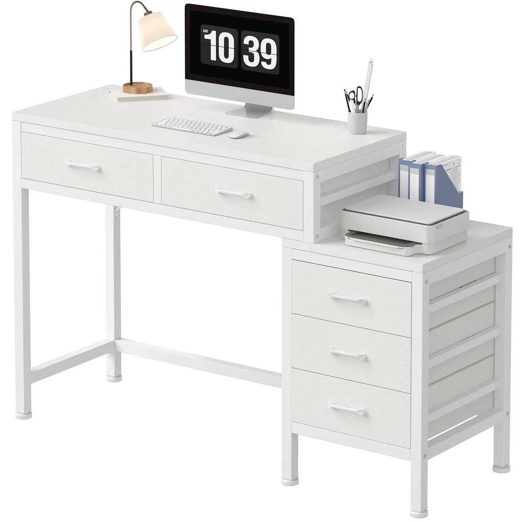 Office Desk with 5 Drawers & Integrated Printer Stand, Large Computer Writing Desk with Fabric Storage Bins & Storage Shelves for Home Office & Study