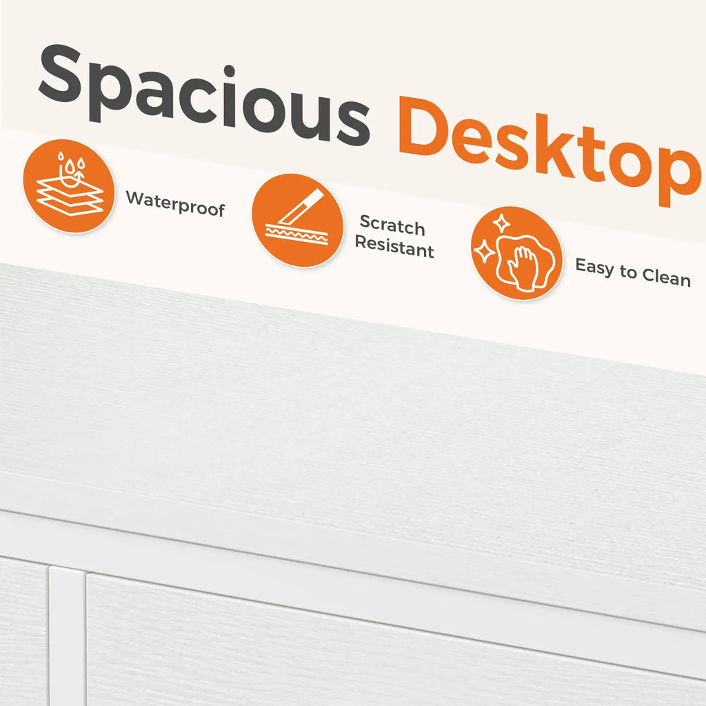 Office Desk with 5 Drawers & Integrated Printer Stand, Large Computer Writing Desk with Fabric Storage Bins & Storage Shelves for Home Office & Study