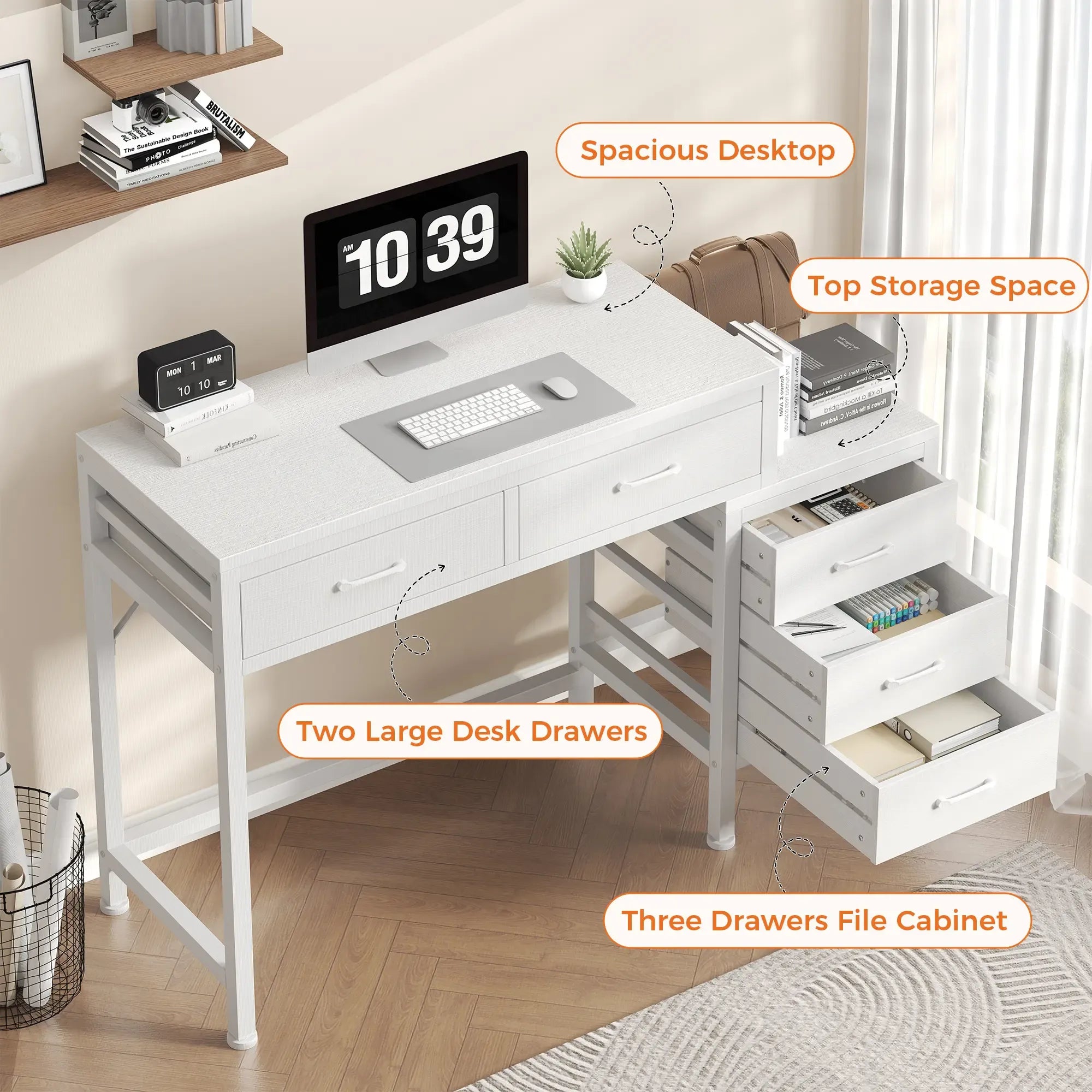 Office Desk with 5 Drawers & Integrated Printer Stand, Large Computer Writing Desk with Fabric Storage Bins & Storage Shelves for Home Office & Study