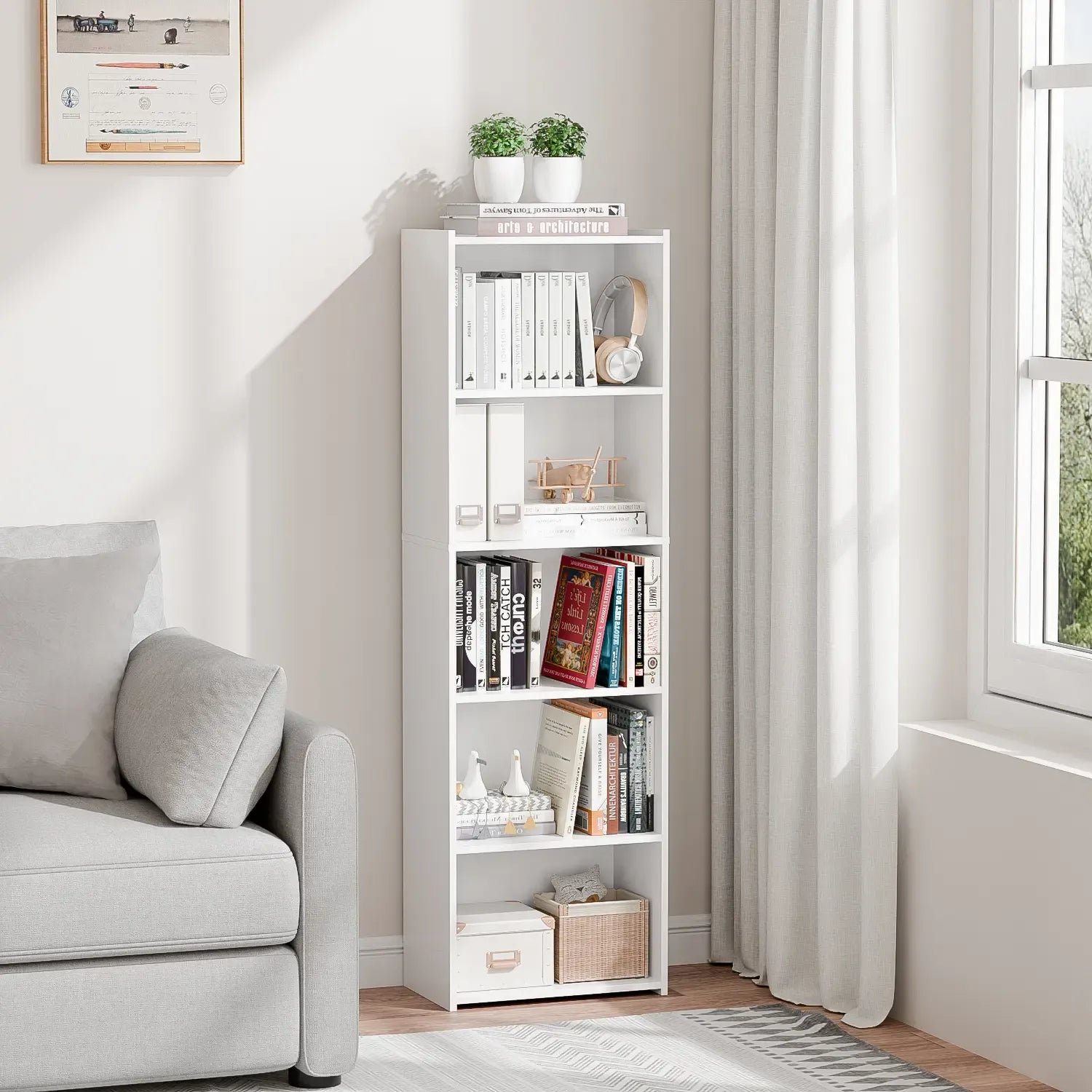 Segawe Modern Aesthetic 5-Tier Narrow Indoor Bookshelf - Home Furniture, Home Storage Organizer, House Decor Room Accessories Shelves (15.8"x9.5"x52"),summerwins