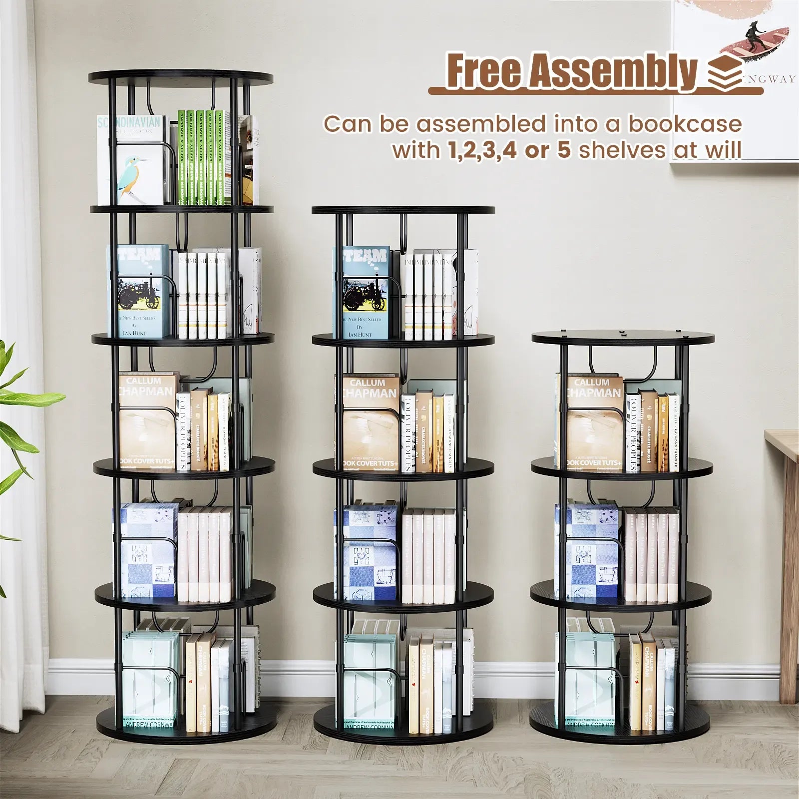 Flycity Rotating Bookshelf 3-5 Tier Spinning Bookshelf Tower 360° Display Unique Round Bookcase for Home Study and Office Organization Furniture Stand Monitor Riser