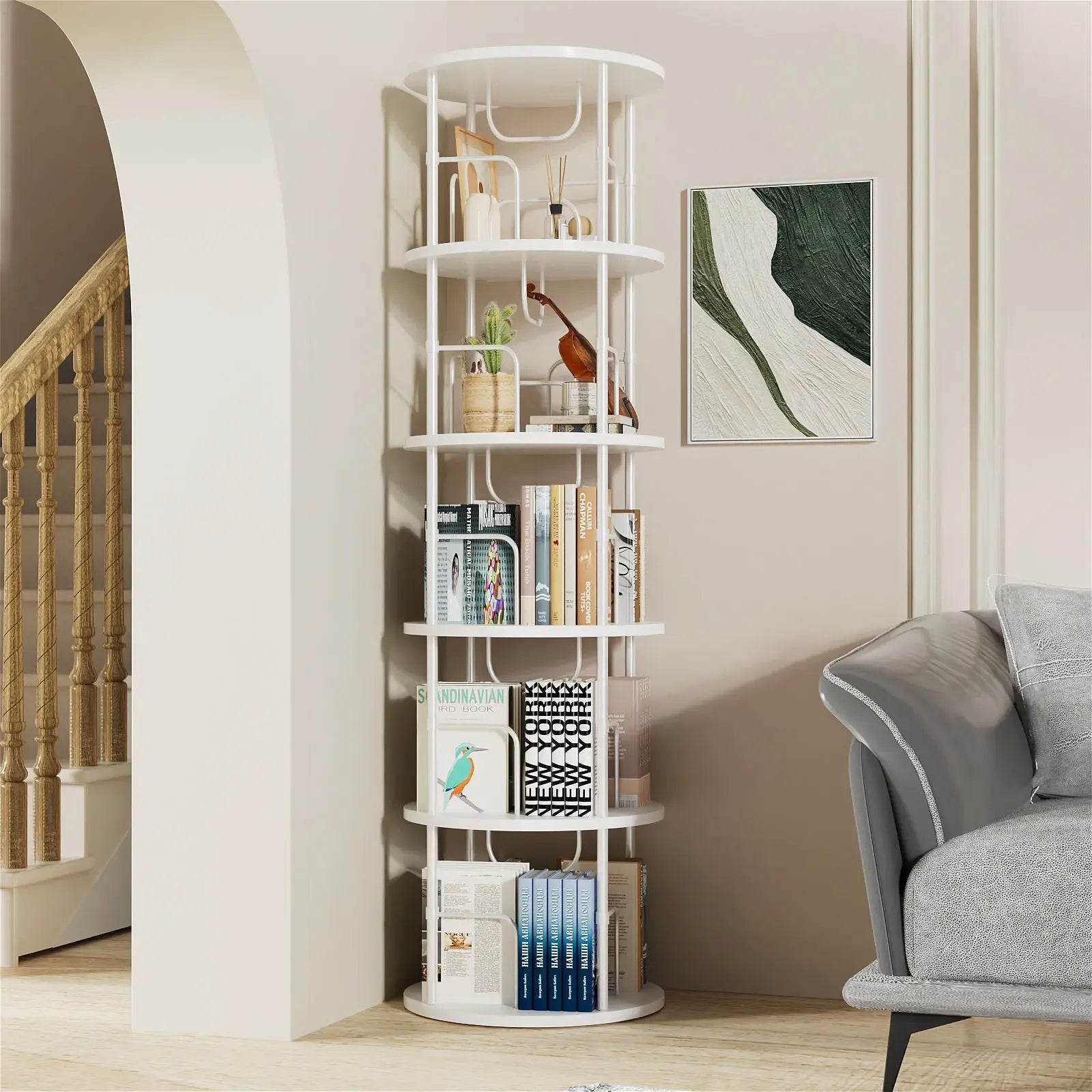 Flycity Rotating Bookshelf 3-5 Tier Spinning Bookshelf Tower 360° Display Unique Round Bookcase for Home Study and Office Organization Furniture Stand Monitor Riser