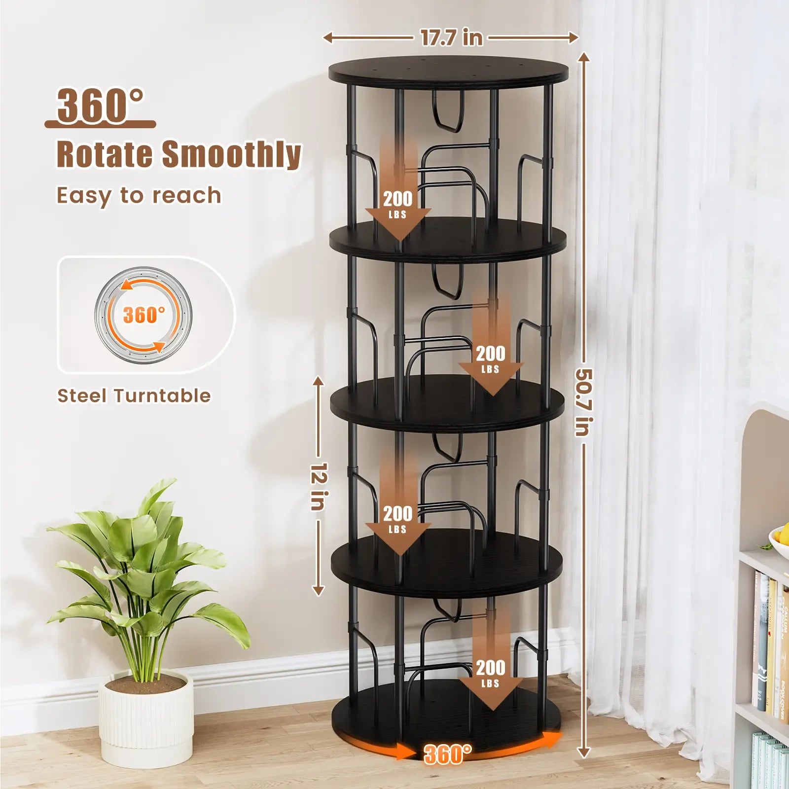 Flycity Rotating Bookshelf 3-5 Tier Spinning Bookshelf Tower 360° Display Unique Round Bookcase for Home Study and Office Organization Furniture Stand Monitor Riser