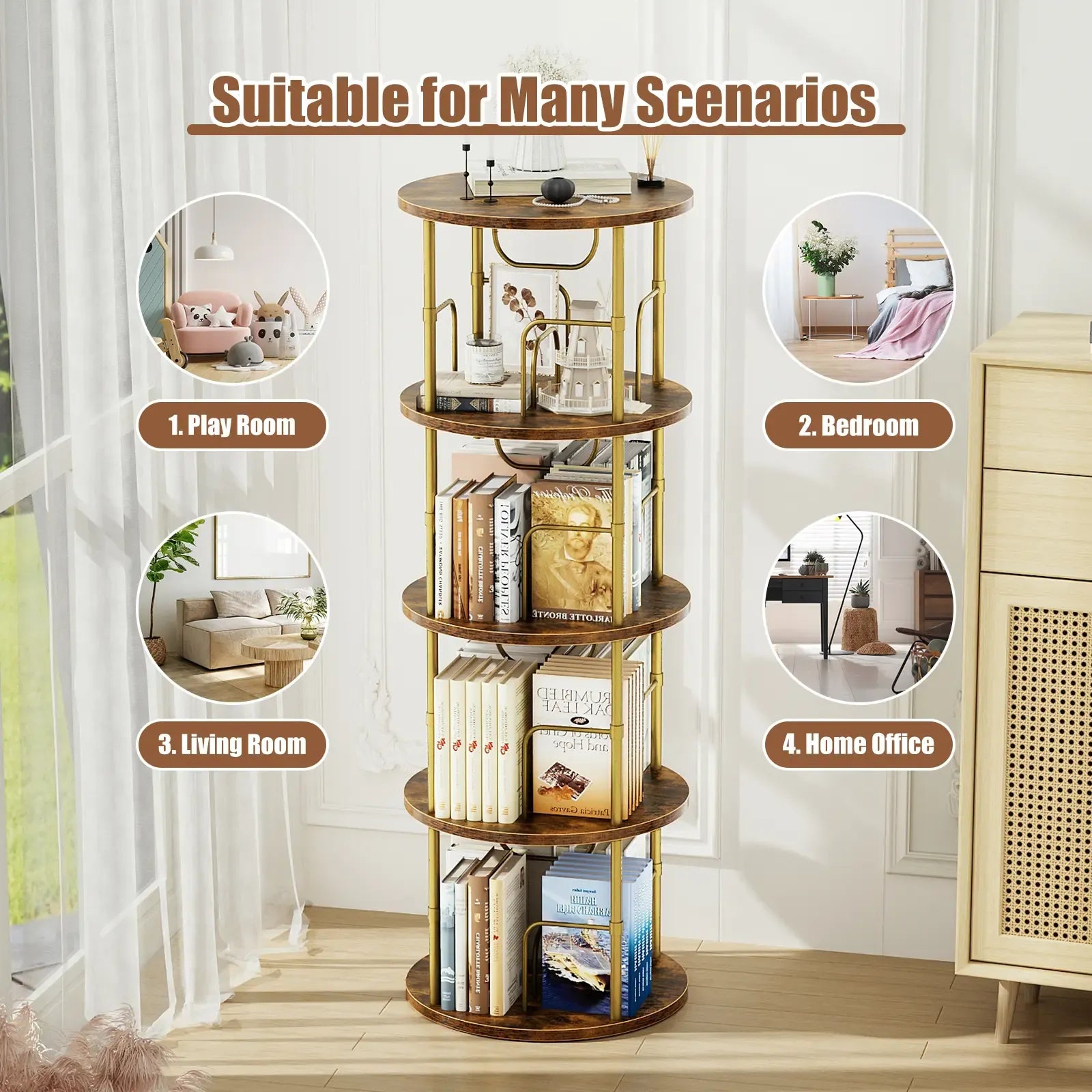 Flycity Rotating Bookshelf 3-5 Tier Spinning Bookshelf Tower 360° Display Unique Round Bookcase for Home Study and Office Organization Furniture Stand Monitor Riser