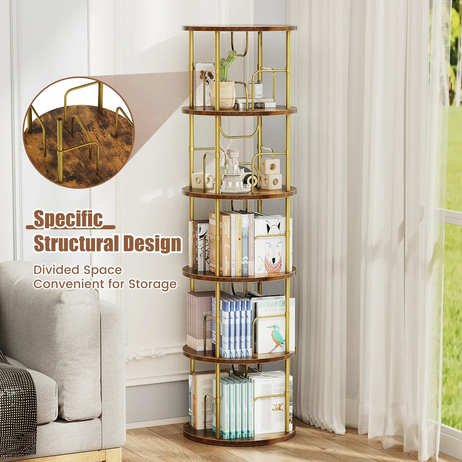Flycity Rotating Bookshelf 3-5 Tier Spinning Bookshelf Tower 360° Display Unique Round Bookcase for Home Study and Office Organization Furniture Stand Monitor Riser