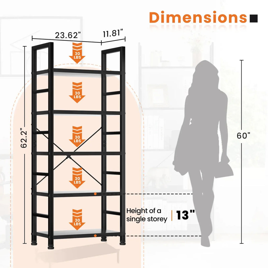 5 Tiers Bookshelf, Classical Modern Book Shelf, Tall Display Shelves in Living Room/Home/Office, Storage Organizer for CDs/Books/Movies