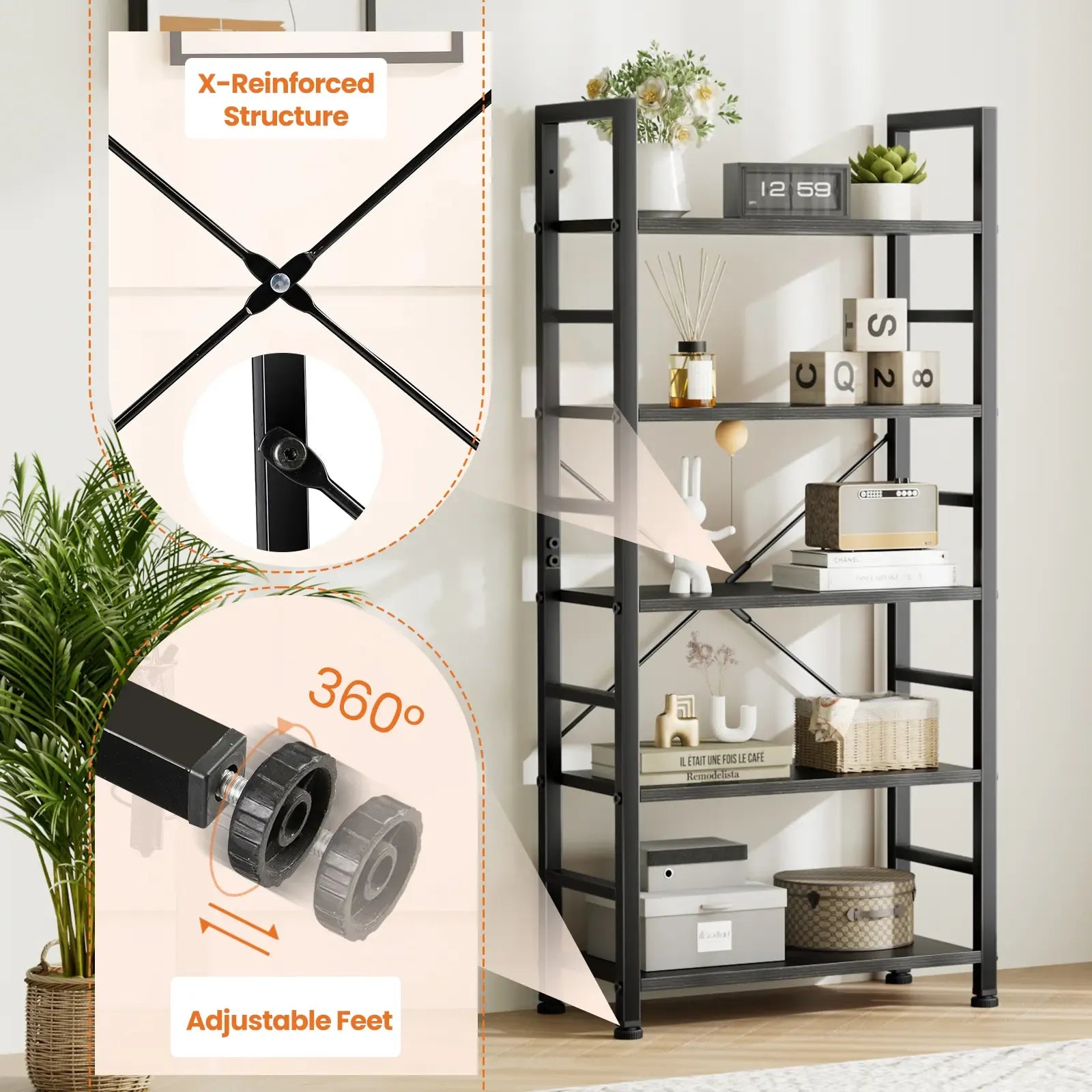 5 Tiers Bookshelf, Classical Modern Book Shelf, Tall Display Shelves in Living Room/Home/Office, Storage Organizer for CDs/Books/Movies
