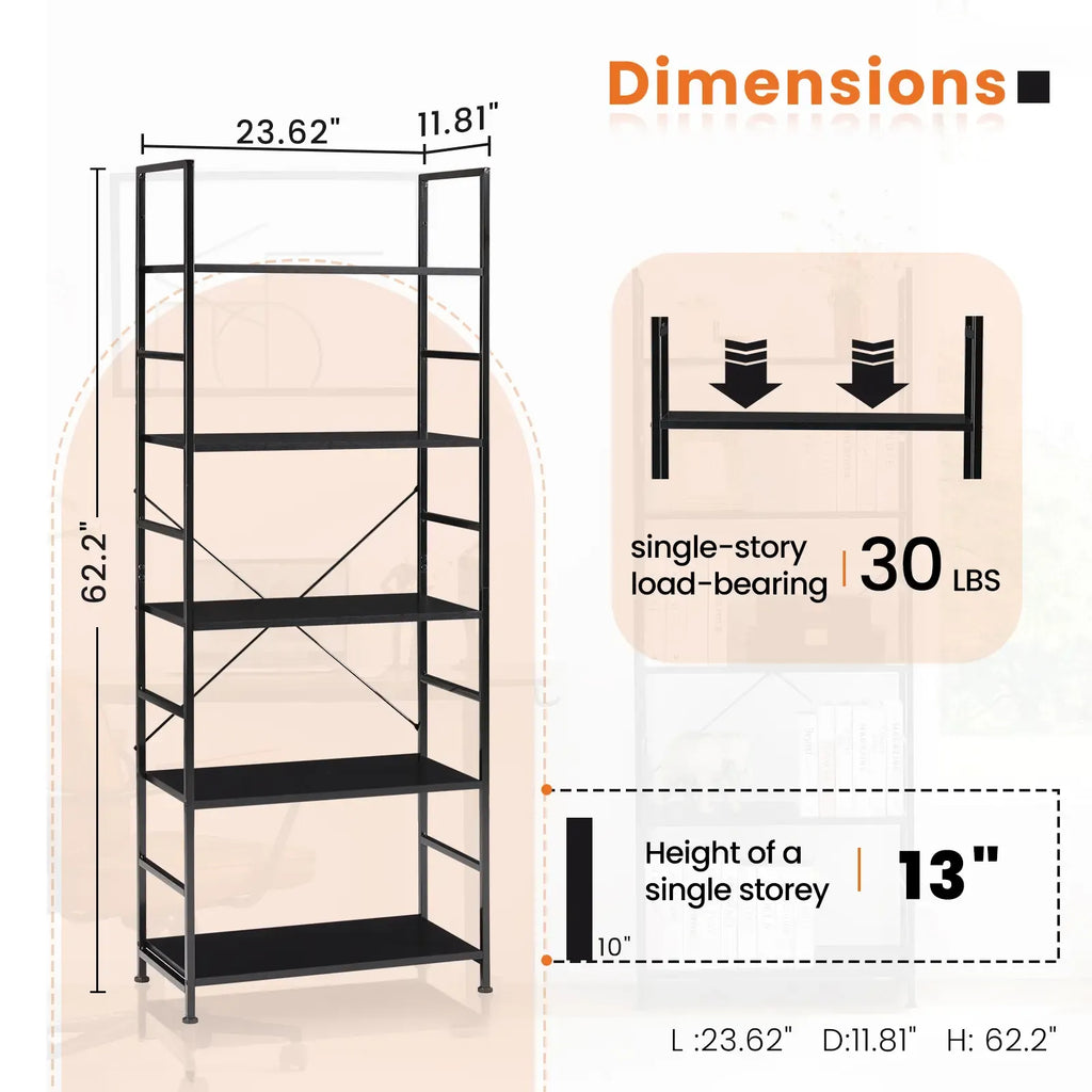 5 Tiers Bookshelf, Classical Modern Book Shelf, Tall Display Shelves in Living Room/Home/Office, Storage Organizer for CDs/Books/Movies