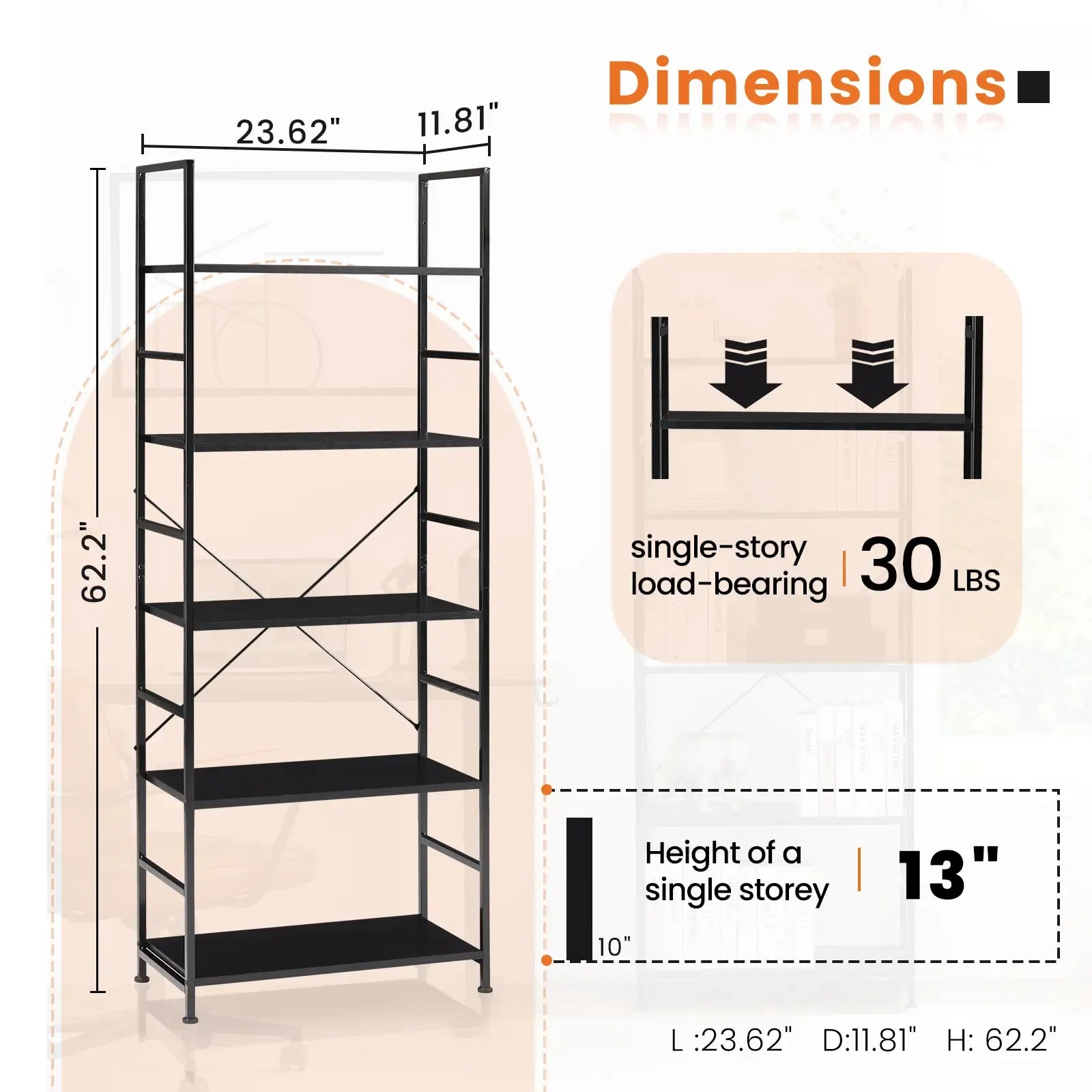 5 Tiers Bookshelf, Classical Modern Book Shelf, Tall Display Shelves in Living Room/Home/Office, Storage Organizer for CDs/Books/Movies