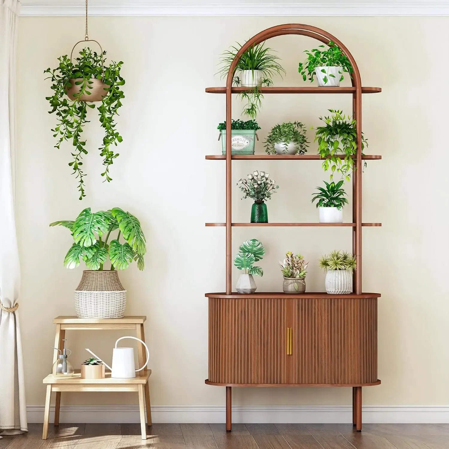 FurSch 71" Tall Fluted Arched Bookshelf with Sliding Tambour Doors, Mid Century Modern Curved Bookshelf Cabinet with Storage, 4-Tier Open Display Storage Shelf for Home Office, Living Room