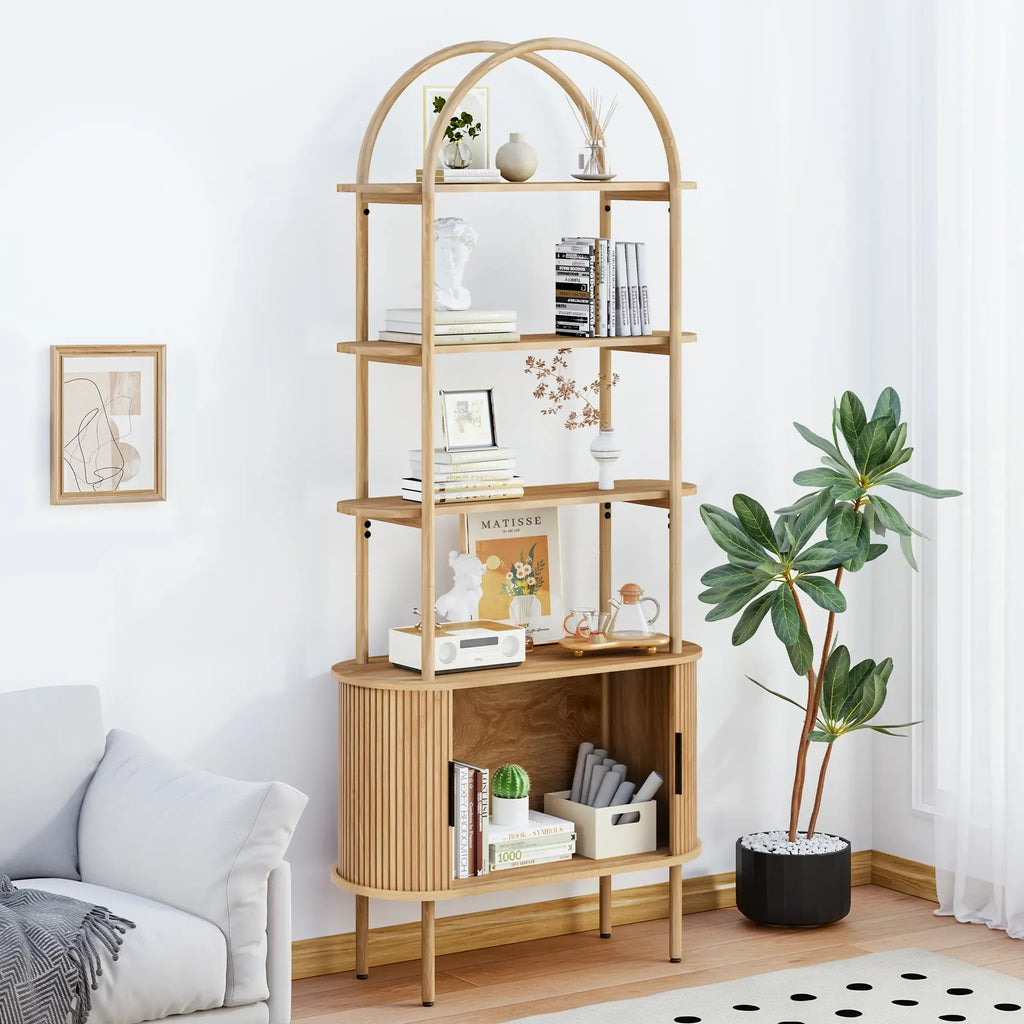 FurSch 71" Tall Fluted Arched Bookshelf with Sliding Tambour Doors, Mid Century Modern Curved Bookshelf Cabinet with Storage, 4-Tier Open Display Storage Shelf for Home Office, Living Room
