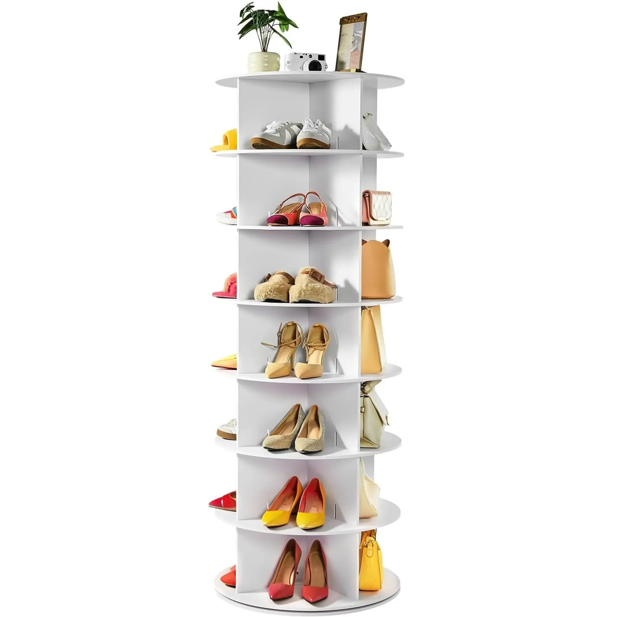 Rotating Shoe Rack 7 Tier Spinning Shoes Organizer Tower for 28-32 Pairs Lazy Susan 360 Revolving Shoe Storage Cabinet Rotate Shoe Handbag Rack Round Carousel for Closet, Bedroom (White)