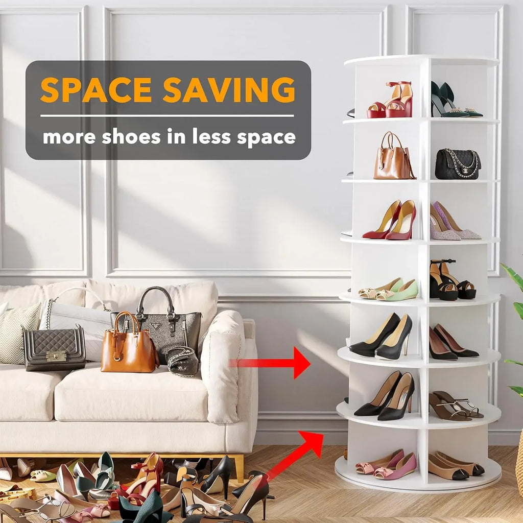 Rotating Shoe Rack 7 Tier Spinning Shoes Organizer Tower for 28-32 Pairs Lazy Susan 360 Revolving Shoe Storage Cabinet Rotate Shoe Handbag Rack Round Carousel for Closet, Bedroom (White)