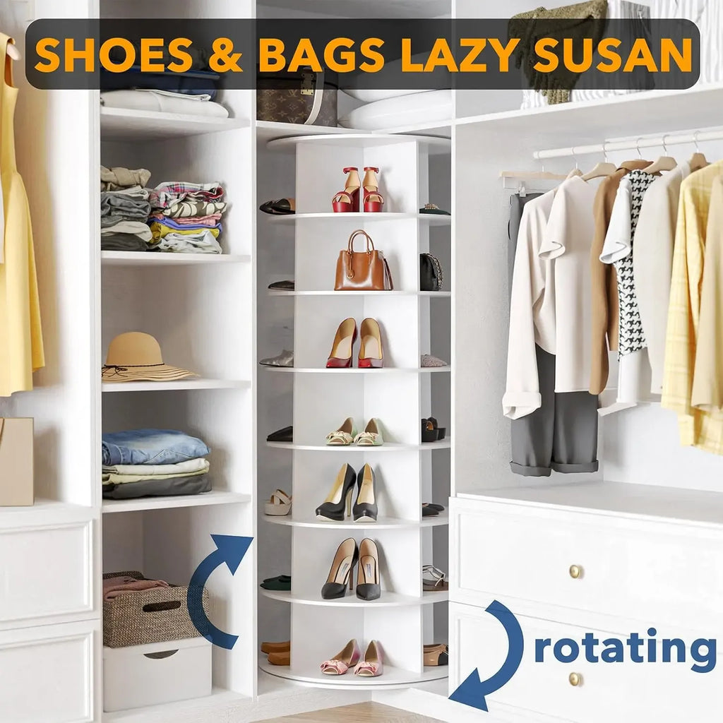 Rotating Shoe Rack 7 Tier Spinning Shoes Organizer Tower for 28-32 Pairs Lazy Susan 360 Revolving Shoe Storage Cabinet Rotate Shoe Handbag Rack Round Carousel for Closet, Bedroom (White)