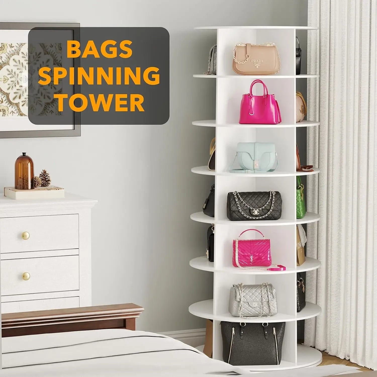 Rotating Shoe Rack 7 Tier Spinning Shoes Organizer Tower for 28-32 Pairs Lazy Susan 360 Revolving Shoe Storage Cabinet Rotate Shoe Handbag Rack Round Carousel for Closet, Bedroom (White)
