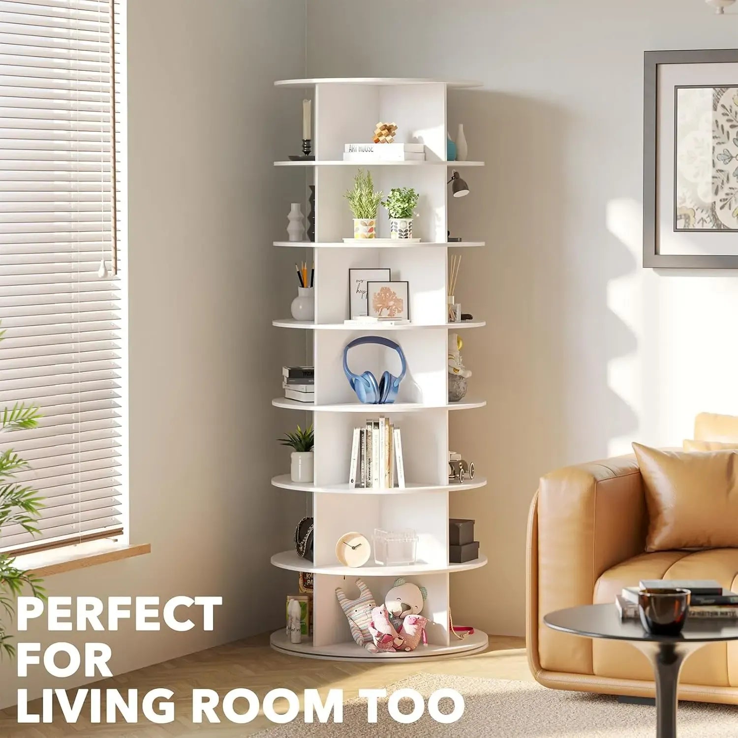 Rotating Shoe Rack 7 Tier Spinning Shoes Organizer Tower for 28-32 Pairs Lazy Susan 360 Revolving Shoe Storage Cabinet Rotate Shoe Handbag Rack Round Carousel for Closet, Bedroom (White)