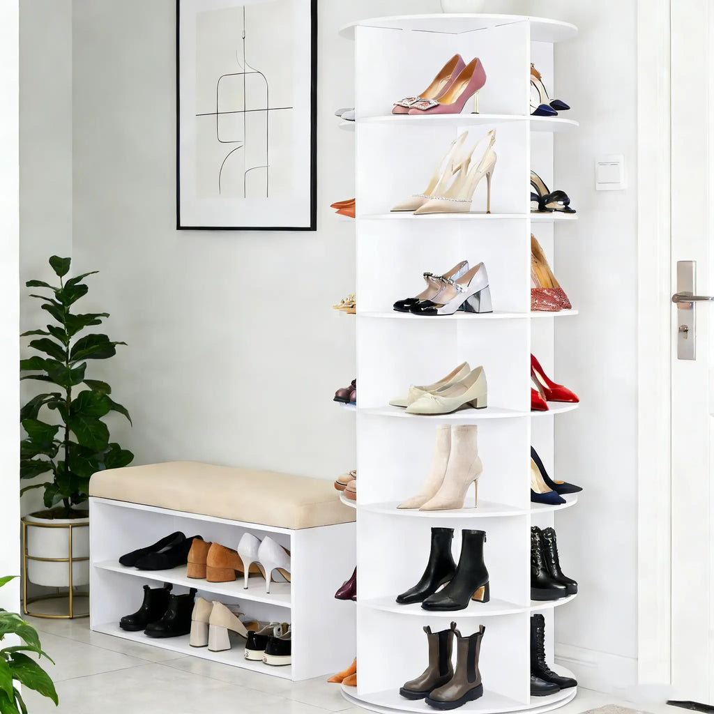 Rotating Shoe Rack 7 Tier Spinning Shoes Organizer Tower for 28-32 Pairs Lazy Susan 360 Revolving Shoe Storage Cabinet Rotate Shoe Handbag Rack Round Carousel for Closet, Bedroom (White)