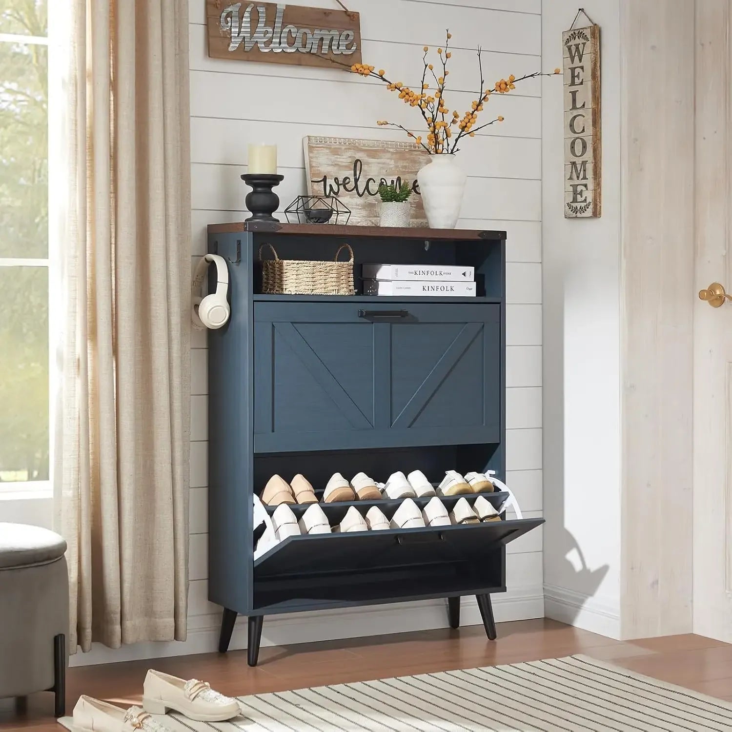 PieDle Furniture Shoe Storage Cabinet,Farmhouse Shoe Organizer with 2-4 Flip Drawers & Barn Door Design,Freestanding Hidden Slim Narrow Shoe Rack Cabinet with Open Storage for Entryway, Foyer,Hallway