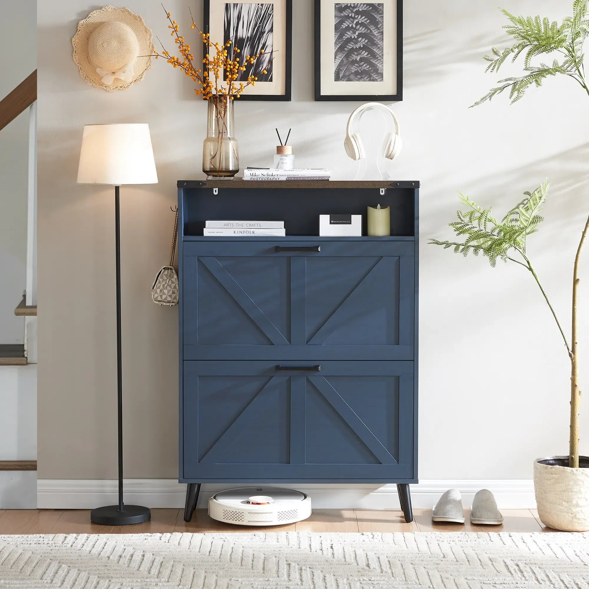 PieDle Furniture Shoe Storage Cabinet,Farmhouse Shoe Organizer with 2-4 Flip Drawers & Barn Door Design,Freestanding Hidden Slim Narrow Shoe Rack Cabinet with Open Storage for Entryway, Foyer,Hallway