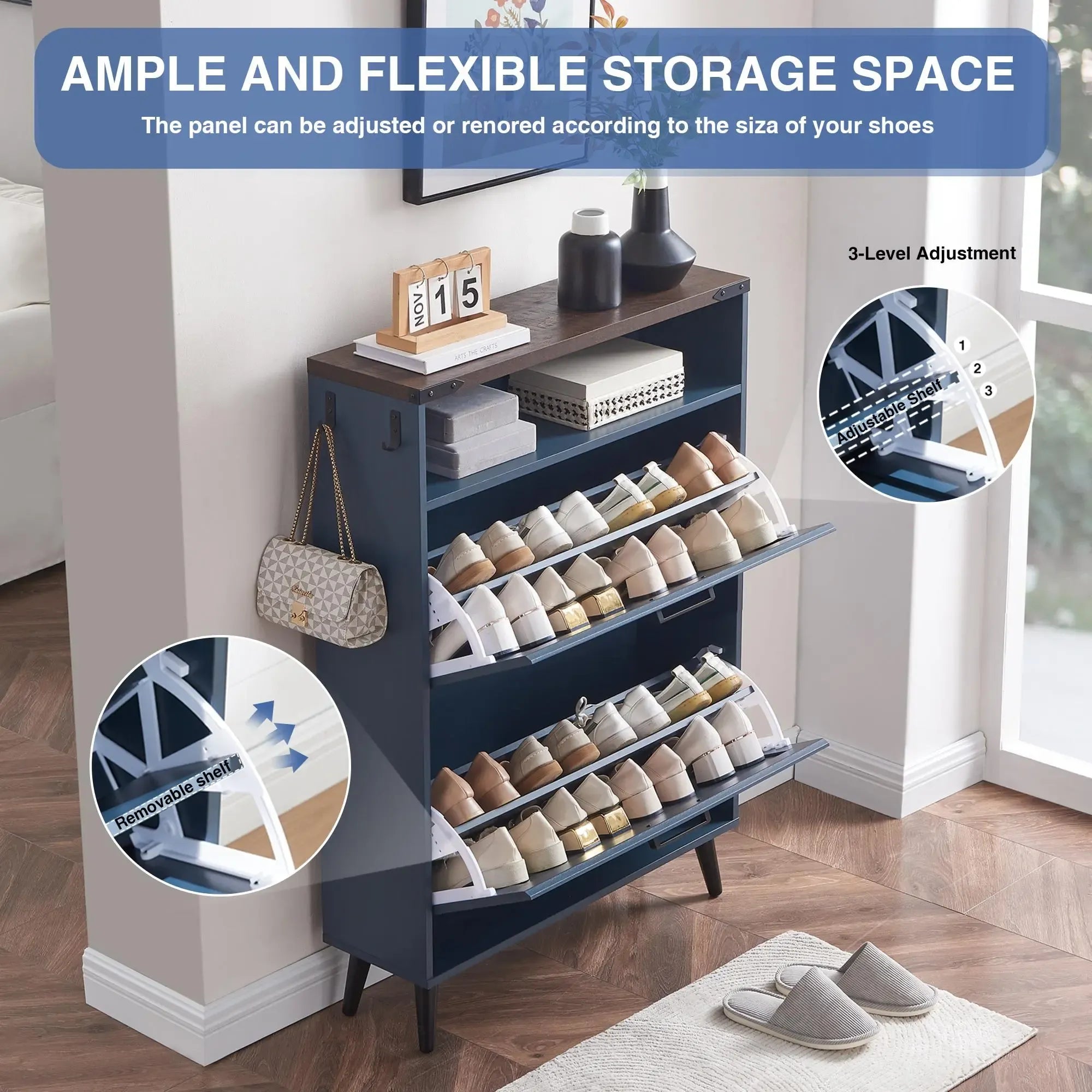 PieDle Furniture Shoe Storage Cabinet,Farmhouse Shoe Organizer with 2-4 Flip Drawers & Barn Door Design,Freestanding Hidden Slim Narrow Shoe Rack Cabinet with Open Storage for Entryway, Foyer,Hallway