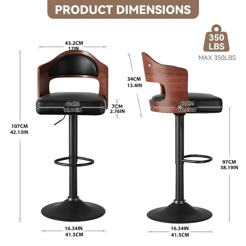 Swivel Bar Stools Set of 1/2 Seat Adjustable Height 24.5-33.5IN, Wooden Barstools PU Leather Upholstered Bar Chairs with Back & Footrest for Bar Kitchen Dining Room
