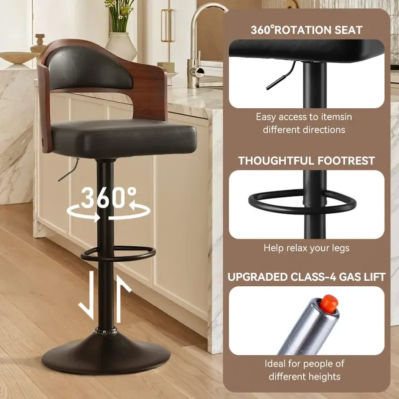 Swivel Bar Stools Set of 1/2 Seat Adjustable Height 24.5-33.5IN, Wooden Barstools PU Leather Upholstered Bar Chairs with Back & Footrest for Bar Kitchen Dining Room
