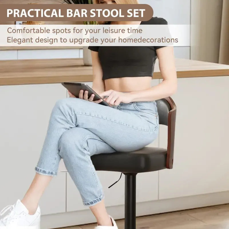 Swivel Bar Stools Set of 1/2 Seat Adjustable Height 24.5-33.5IN, Wooden Barstools PU Leather Upholstered Bar Chairs with Back & Footrest for Bar Kitchen Dining Room