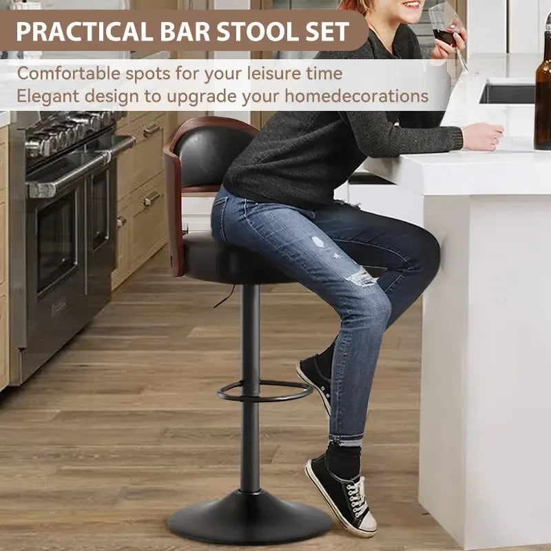 Swivel Bar Stools Set of 1/2 Seat Adjustable Height 24.5-33.5IN, Wooden Barstools PU Leather Upholstered Bar Chairs with Back & Footrest for Bar Kitchen Dining Room