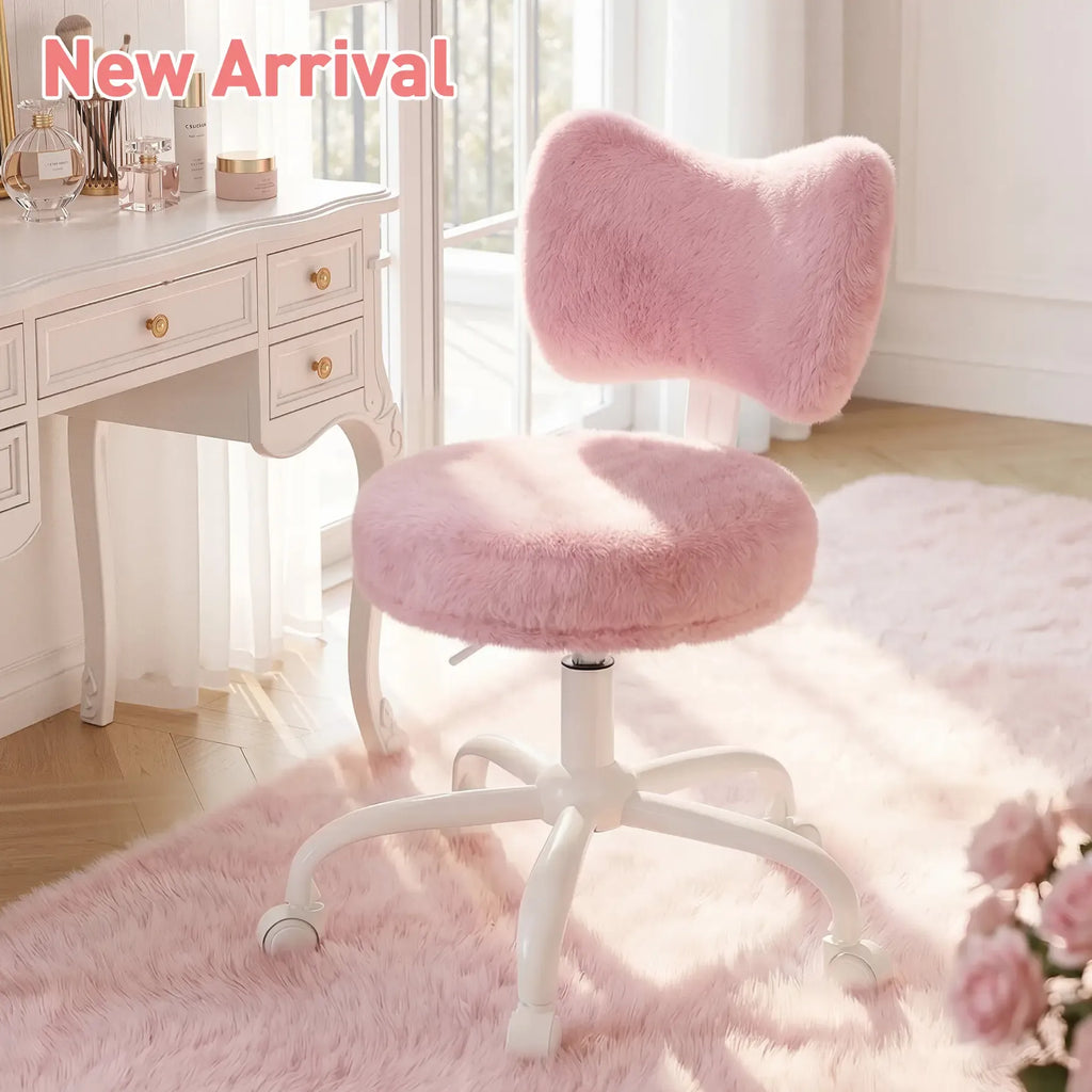 Raybee Fluffy Bow Chairs Vanity Chair with Wheels Pink Desk Chair with Cute Bow Backrest Fluffy Faux Rabbit Fur Small Office Chair for Vanity, Make-up Room, Bedroom, Dorm, Small Space, Height Adjustable, Pink, Color, Girls Gift #SummerVibes #NewArrival