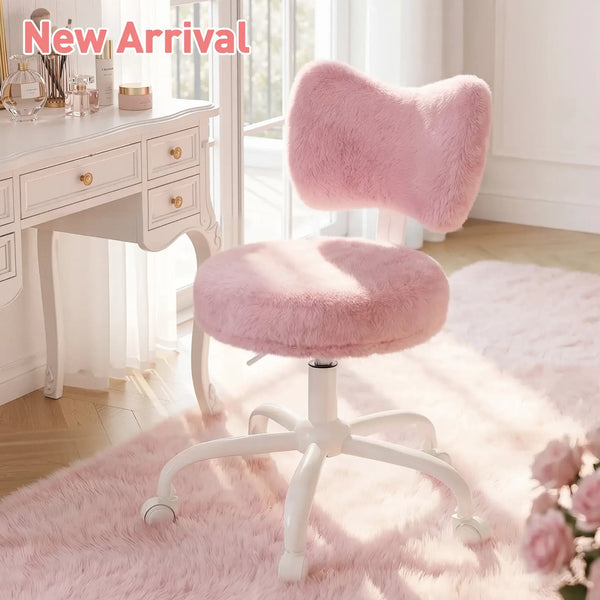 Raybee Fluffy Bow Chairs Vanity Chair with Wheels Pink Desk Chair with Cute Bow Backrest Fluffy Faux Rabbit Fur Small Office Chair for Vanity, Make-up Room, Bedroom, Dorm, Small Space, Height Adjustable, Pink, Color, Girls Gift #SummerVibes #NewArrival
