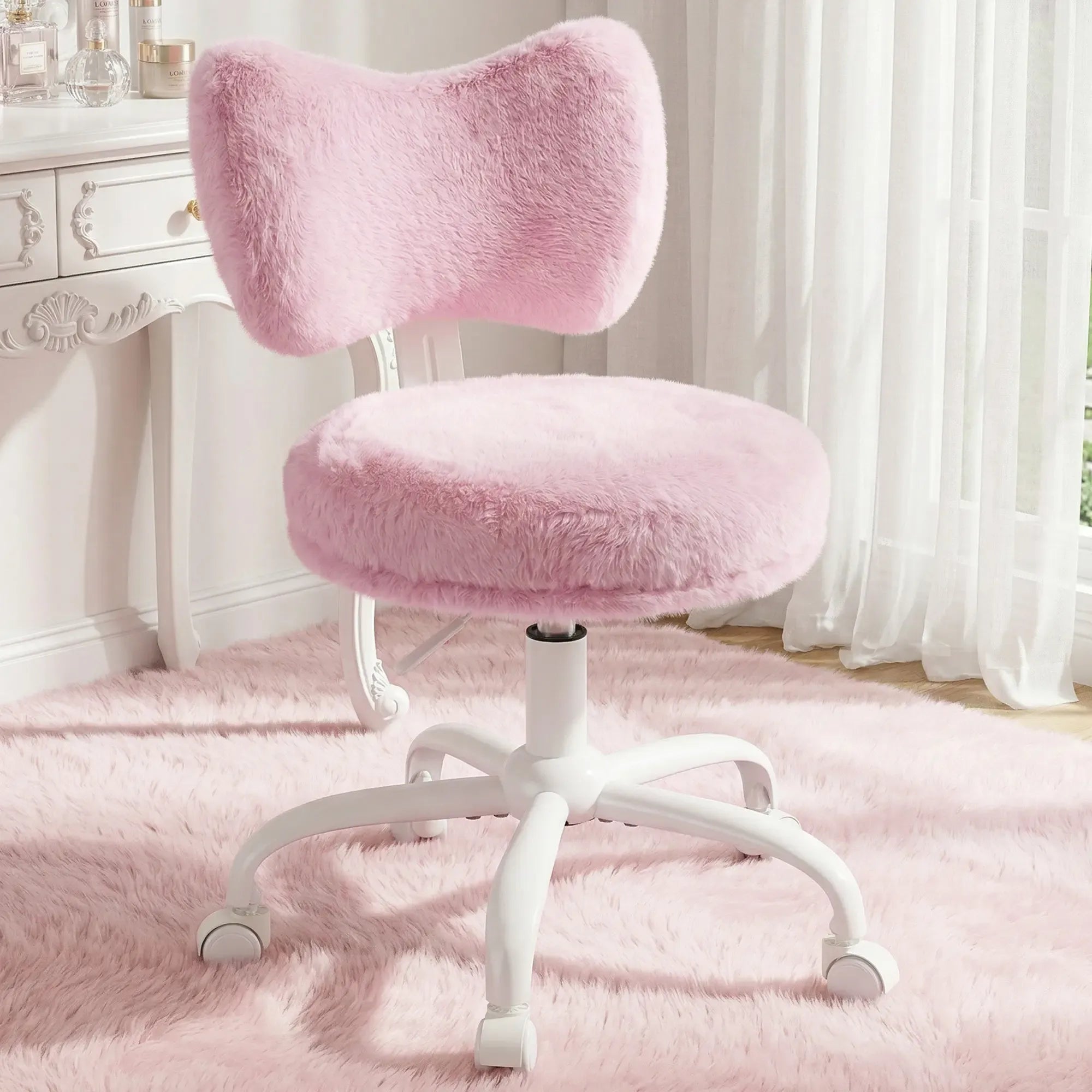Raybee Fluffy Bow Chairs Vanity Chair with Wheels Pink Desk Chair with Cute Bow Backrest Fluffy Faux Rabbit Fur Small Office Chair for Vanity, Make-up Room, Bedroom, Dorm, Small Space, Height Adjustable, Pink, Color, Girls Gift #SummerVibes #NewArrival