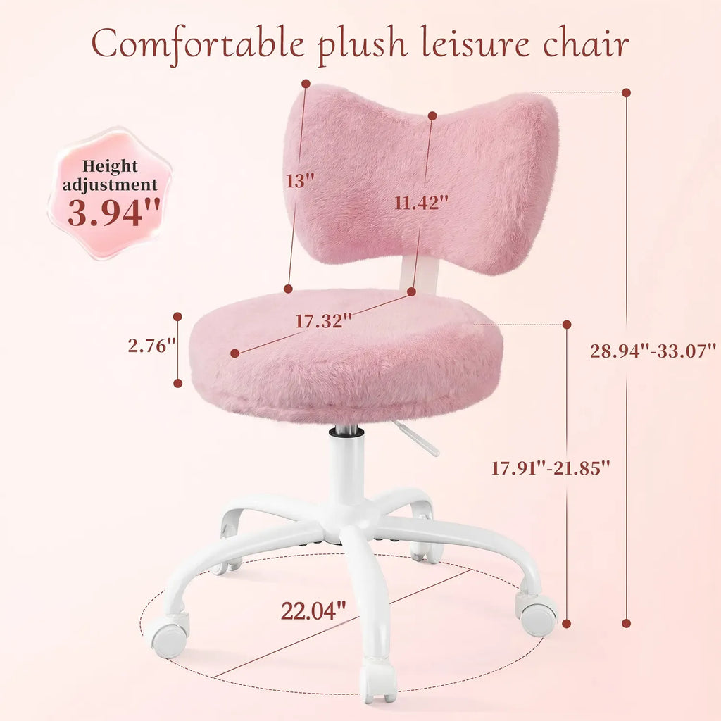 Raybee Fluffy Bow Chairs Vanity Chair with Wheels Pink Desk Chair with Cute Bow Backrest Fluffy Faux Rabbit Fur Small Office Chair for Vanity, Make-up Room, Bedroom, Dorm, Small Space, Height Adjustable, Pink, Color, Girls Gift #SummerVibes #NewArrival