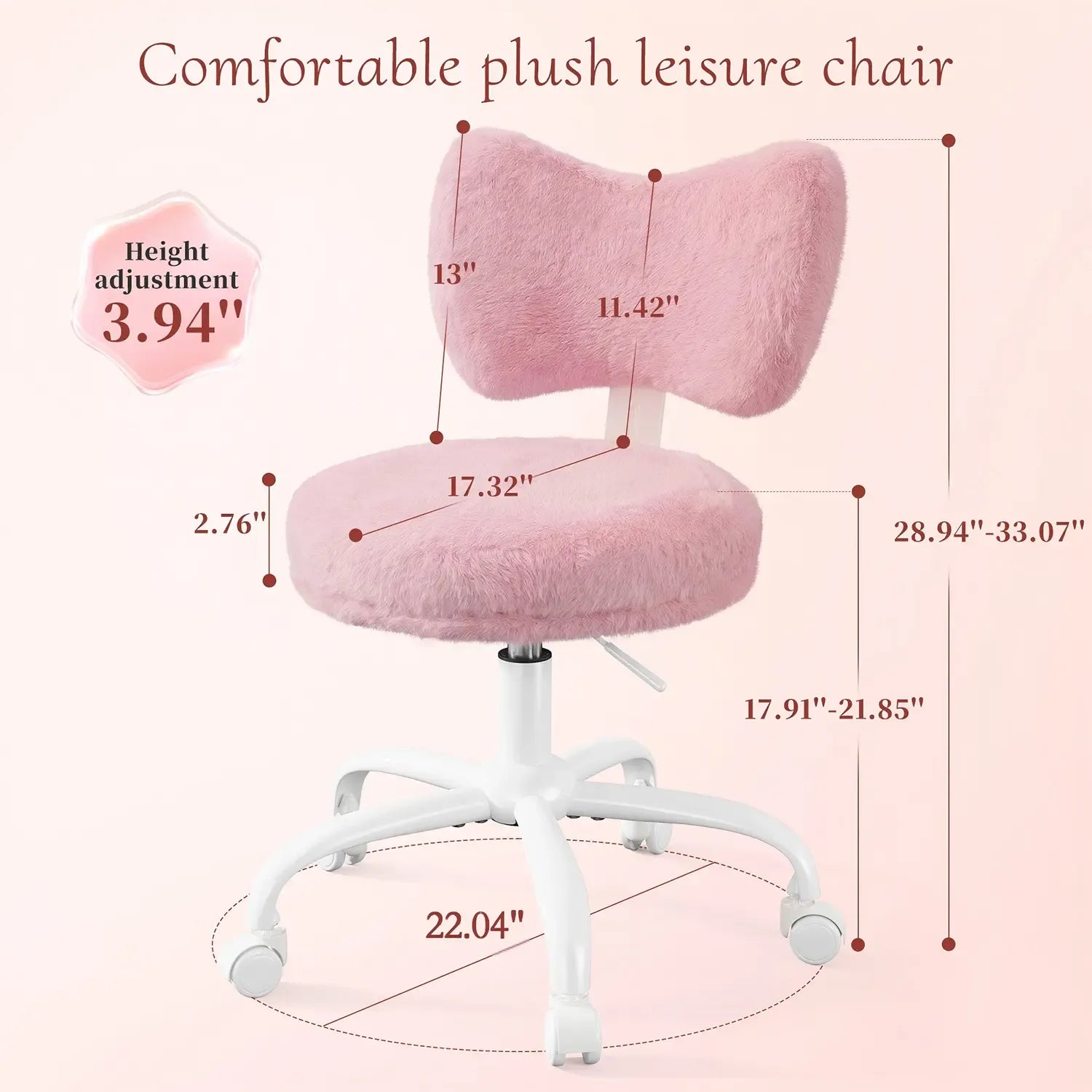 Raybee Fluffy Bow Chairs Vanity Chair with Wheels Pink Desk Chair with Cute Bow Backrest Fluffy Faux Rabbit Fur Small Office Chair for Vanity, Make-up Room, Bedroom, Dorm, Small Space, Height Adjustable, Pink, Color, Girls Gift #SummerVibes #NewArrival