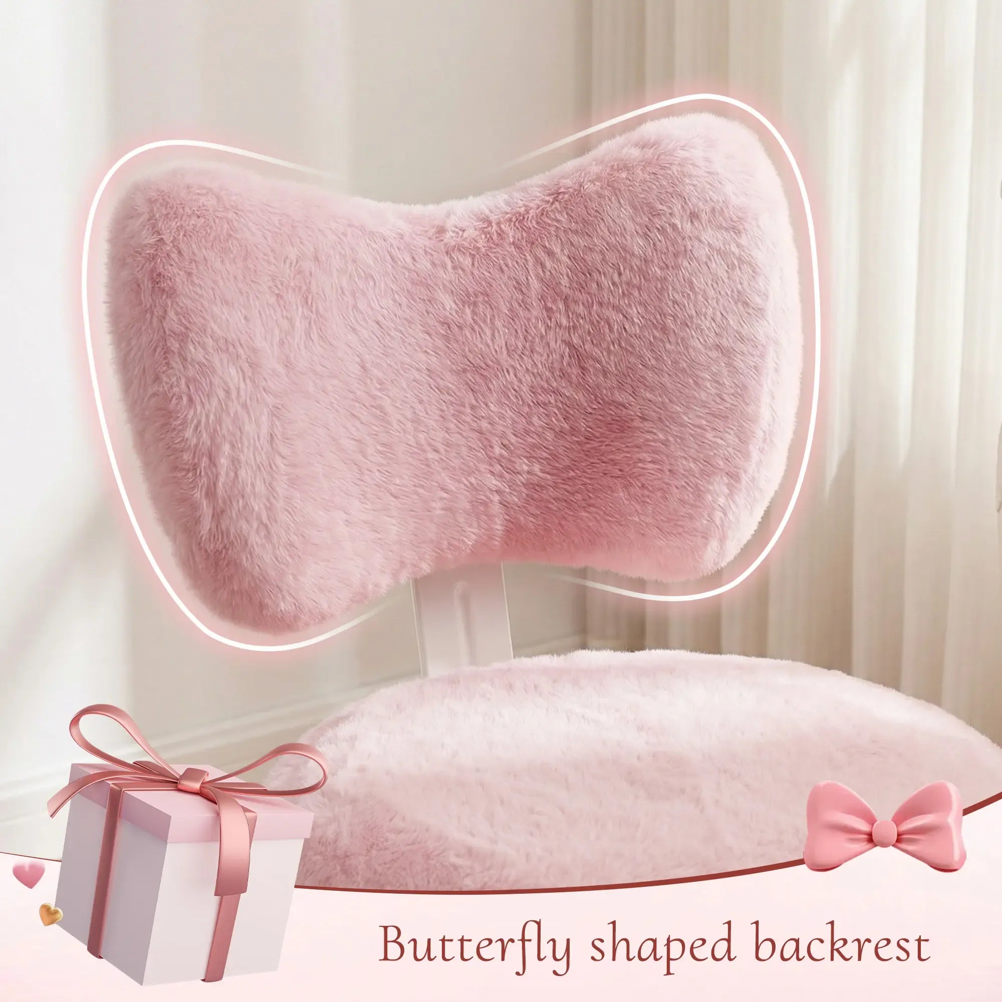 Raybee Fluffy Bow Chairs Vanity Chair with Wheels Pink Desk Chair with Cute Bow Backrest Fluffy Faux Rabbit Fur Small Office Chair for Vanity, Make-up Room, Bedroom, Dorm, Small Space, Height Adjustable, Pink, Color, Girls Gift #SummerVibes #NewArrival