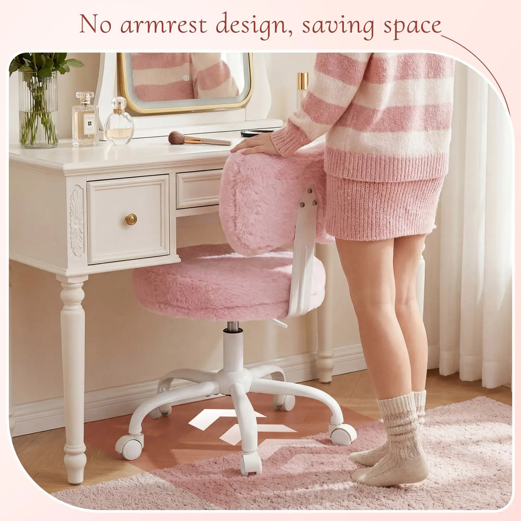 Raybee Fluffy Bow Chairs Vanity Chair with Wheels Pink Desk Chair with Cute Bow Backrest Fluffy Faux Rabbit Fur Small Office Chair for Vanity, Make-up Room, Bedroom, Dorm, Small Space, Height Adjustable, Pink, Color, Girls Gift #SummerVibes #NewArrival