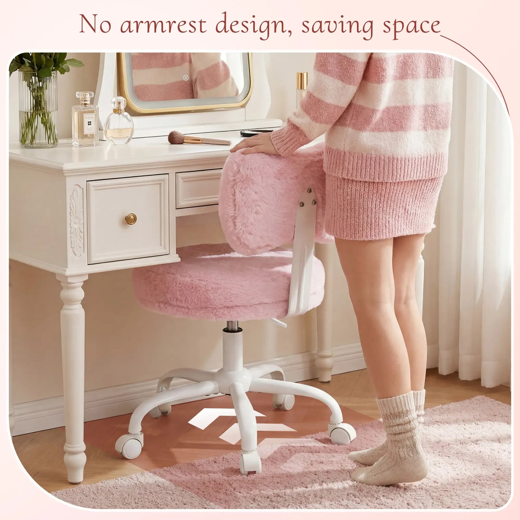 Raybee Fluffy Bow Chairs Vanity Chair with Wheels Pink Desk Chair with Cute Bow Backrest Fluffy Faux Rabbit Fur Small Office Chair for Vanity, Make-up Room, Bedroom, Dorm, Small Space, Height Adjustable, Pink, Color, Girls Gift #SummerVibes #NewArrival