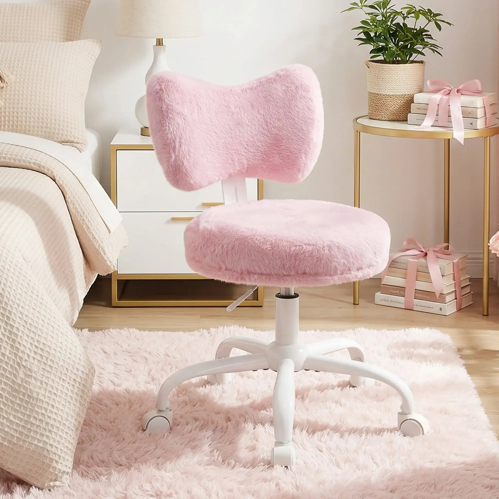 Raybee Fluffy Bow Chairs Vanity Chair with Wheels Pink Desk Chair with Cute Bow Backrest Fluffy Faux Rabbit Fur Small Office Chair for Vanity, Make-up Room, Bedroom, Dorm, Small Space, Height Adjustable, Pink, Color, Girls Gift #SummerVibes #NewArrival