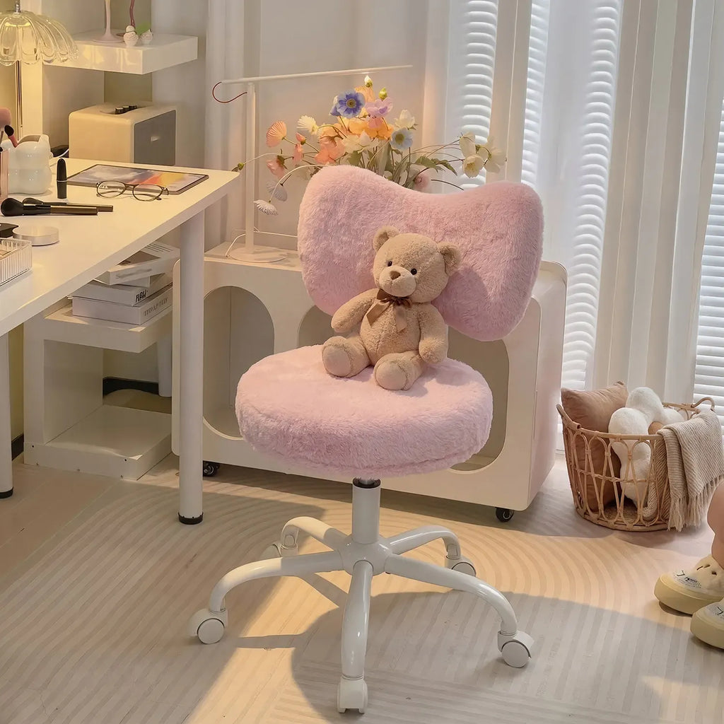 Raybee Fluffy Bow Chairs Vanity Chair with Wheels Pink Desk Chair with Cute Bow Backrest Fluffy Faux Rabbit Fur Small Office Chair for Vanity, Make-up Room, Bedroom, Dorm, Small Space, Height Adjustable, Pink, Color, Girls Gift #SummerVibes #NewArrival