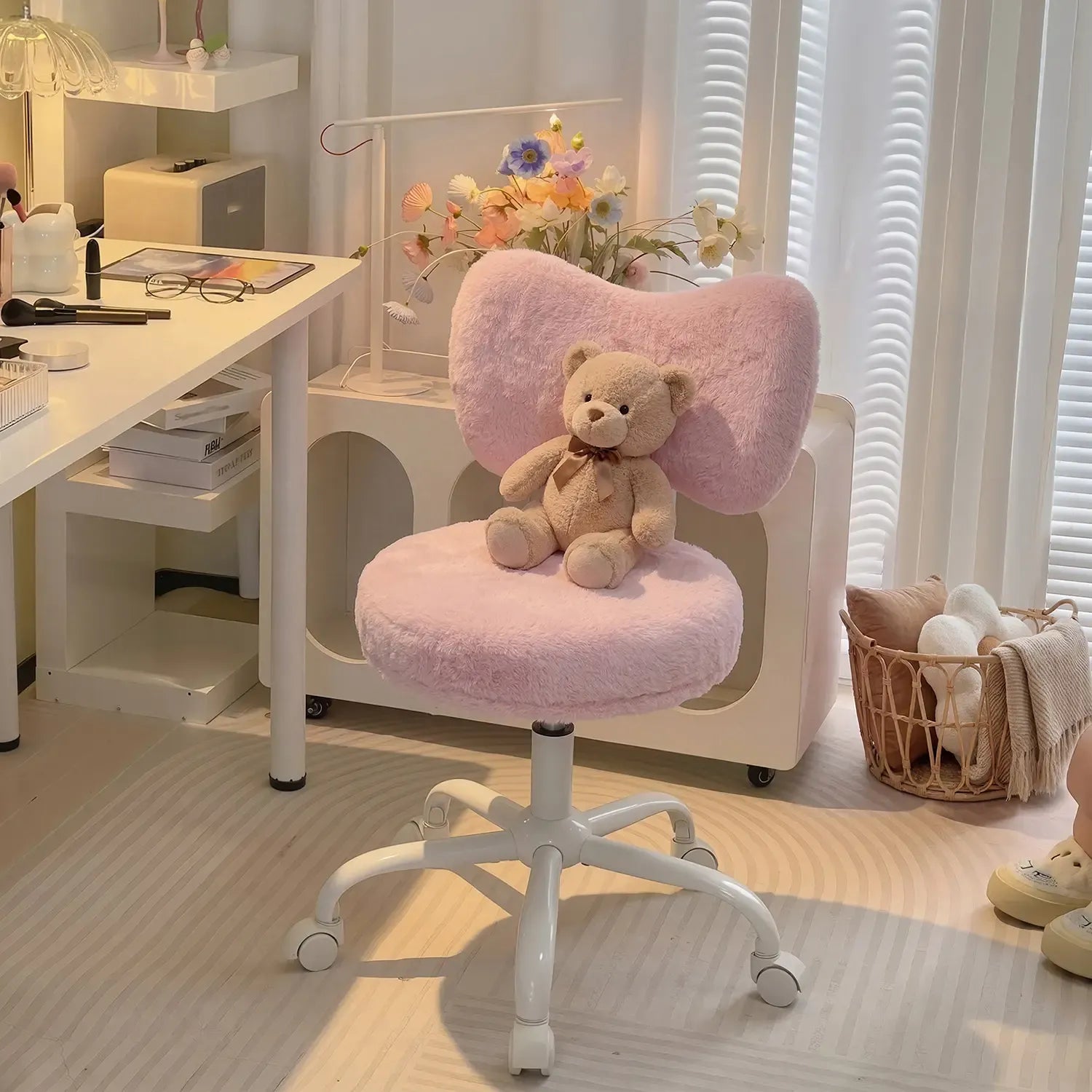 Raybee Fluffy Bow Chairs Vanity Chair with Wheels Pink Desk Chair with Cute Bow Backrest Fluffy Faux Rabbit Fur Small Office Chair for Vanity, Make-up Room, Bedroom, Dorm, Small Space, Height Adjustable, Pink, Color, Girls Gift #SummerVibes #NewArrival