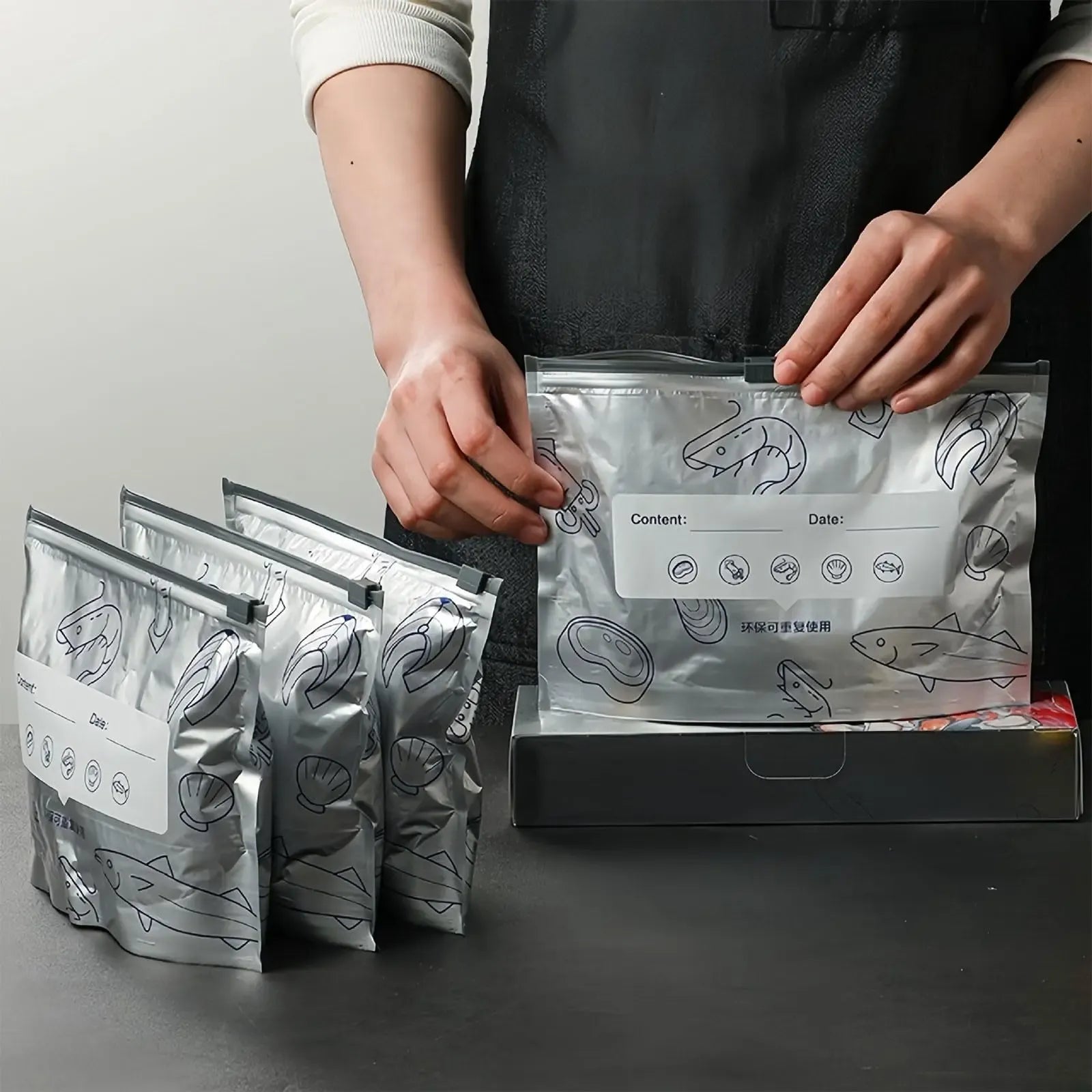 【Refrigerated Food】Reusable Aluminum Foil Sealable Storage Bags, 2026 New Resealable Vacuum Zipper Pouches for Food, Stand Up Foil Sealable Bags with Label and Zip Lock for Vegetable Fruit Meat