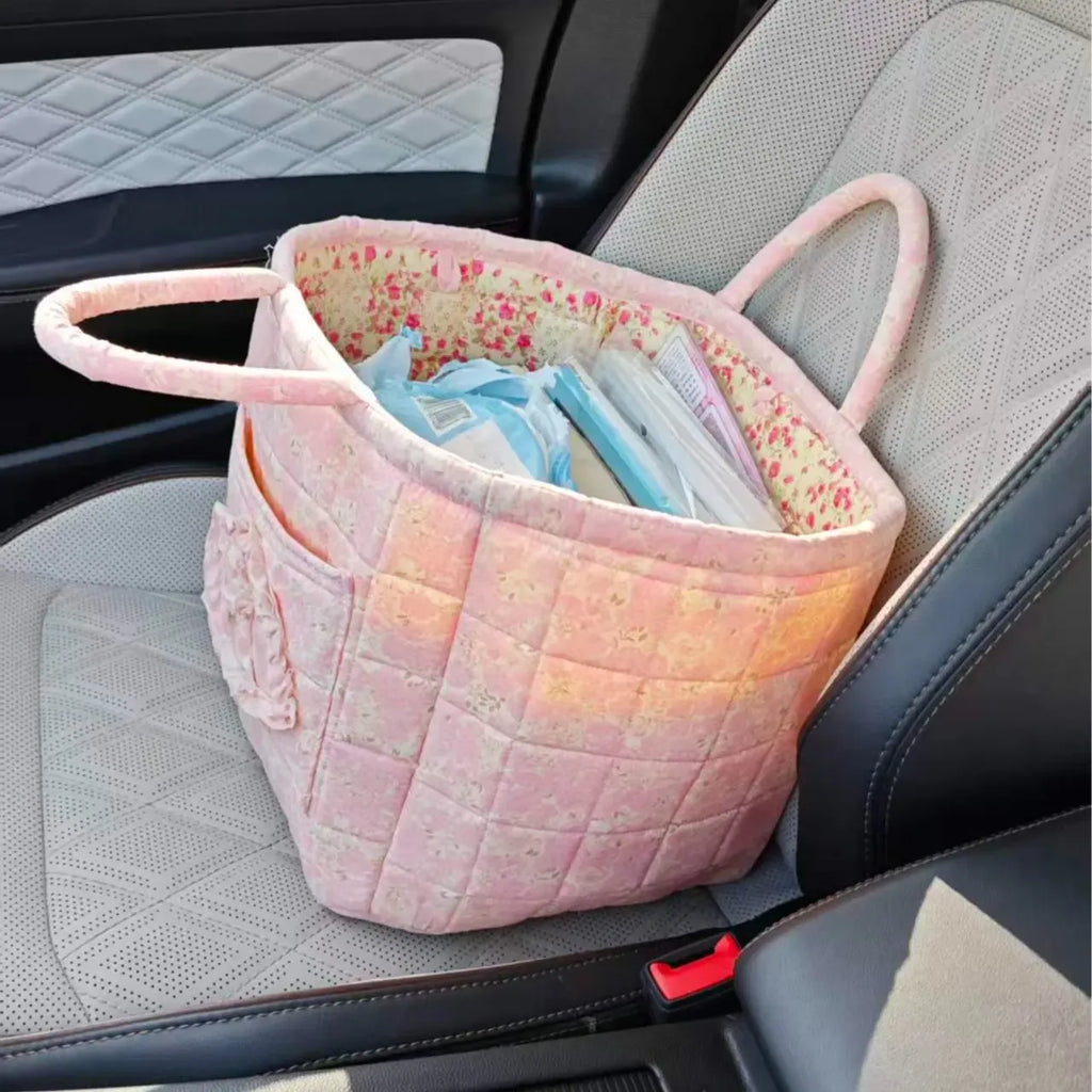car Storage Basket, floral Fabric quilted basket for Clothes Toys & Blankets Car Trunk Organizer Backseat Storage Machine Washable  Large Capacity Woven Design room clutter  organization daily use item  summervibes 	 large capacity clothes